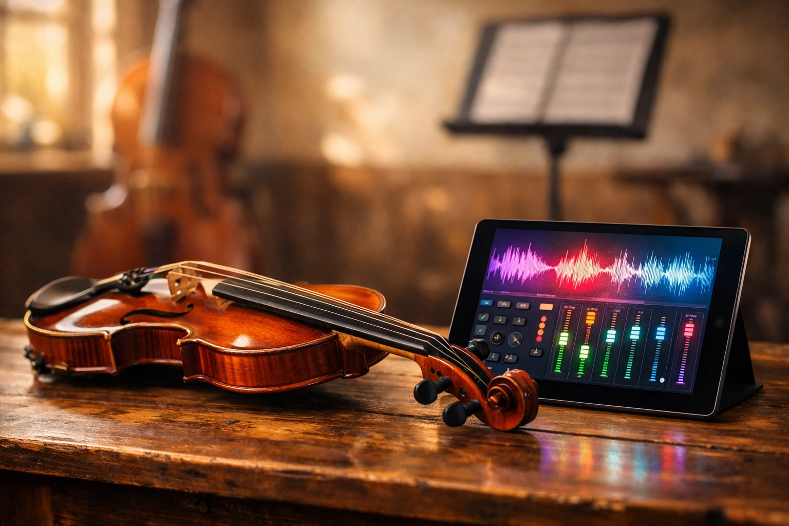 Violin and digital tablet with backing track app for music improvisation in a classroom.
