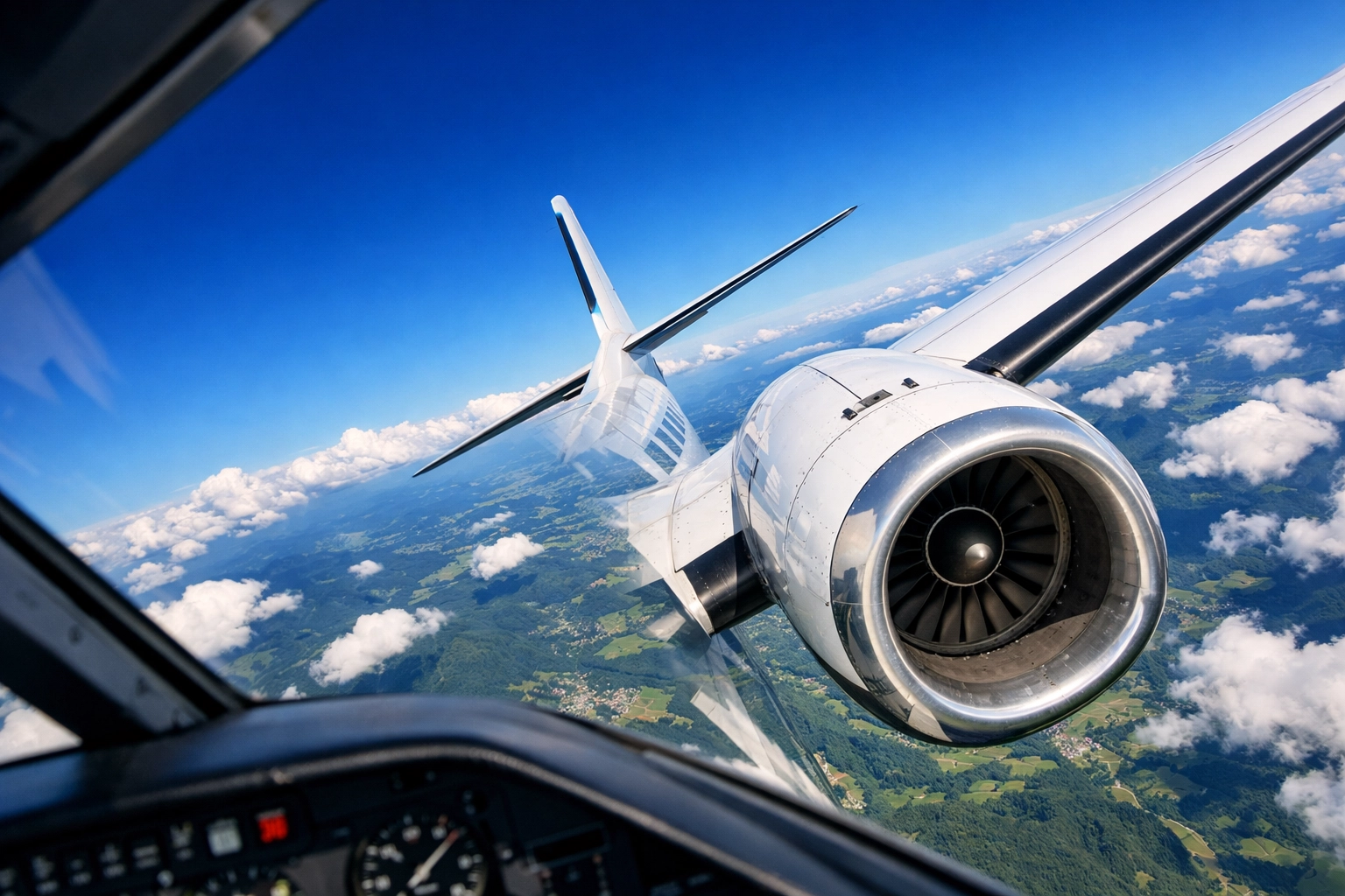Aerial view from a multi-engine aircraft wing during steep banks and clearing turns.