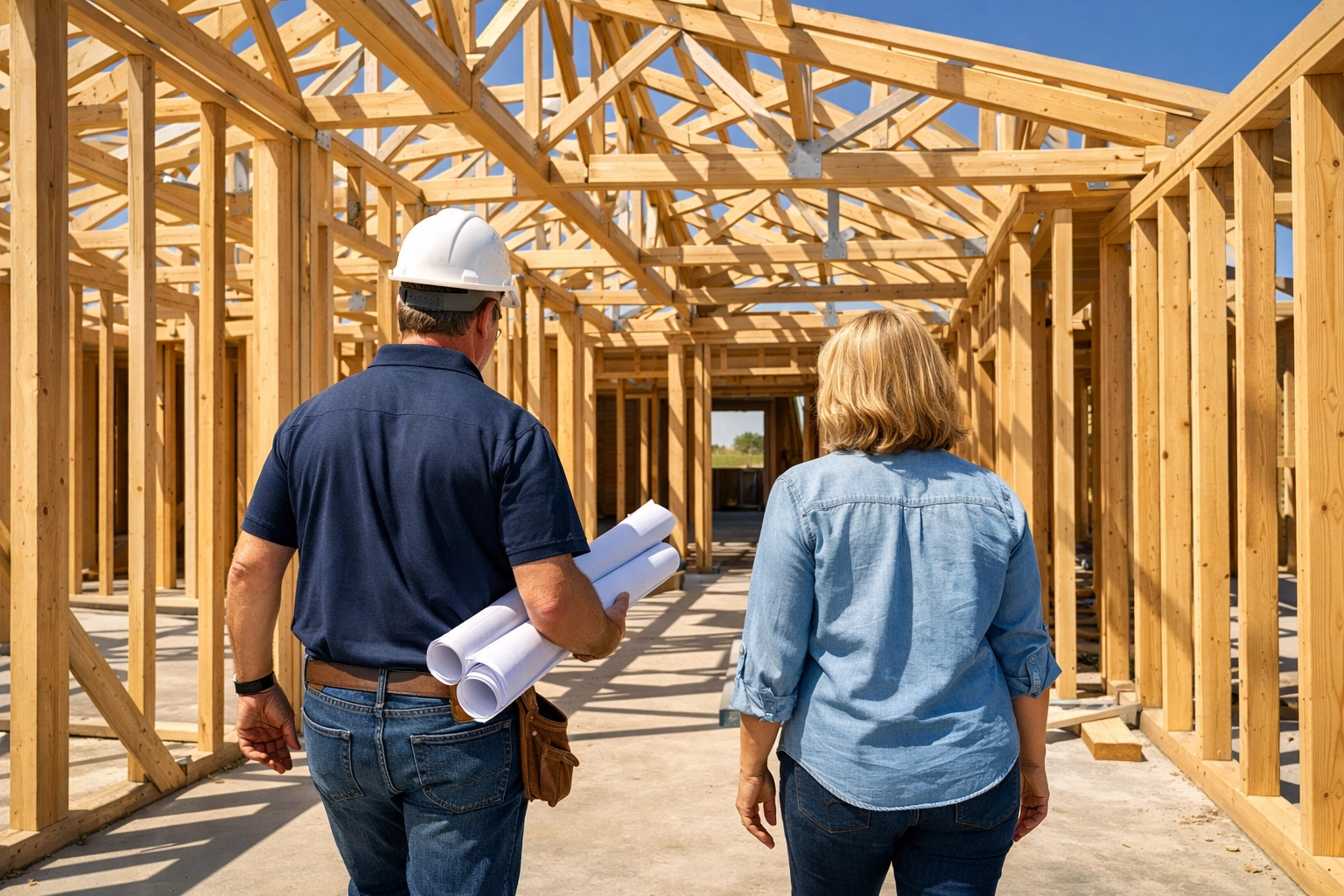 Homeowner and contractor reviewing blueprints at an Okeechobee custom home construction site.
