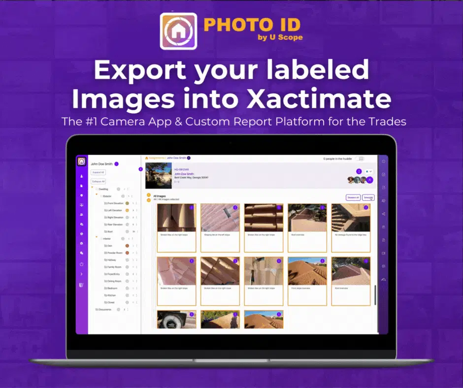 PHOTO iD dashboard showing Xactimate export and photo organization