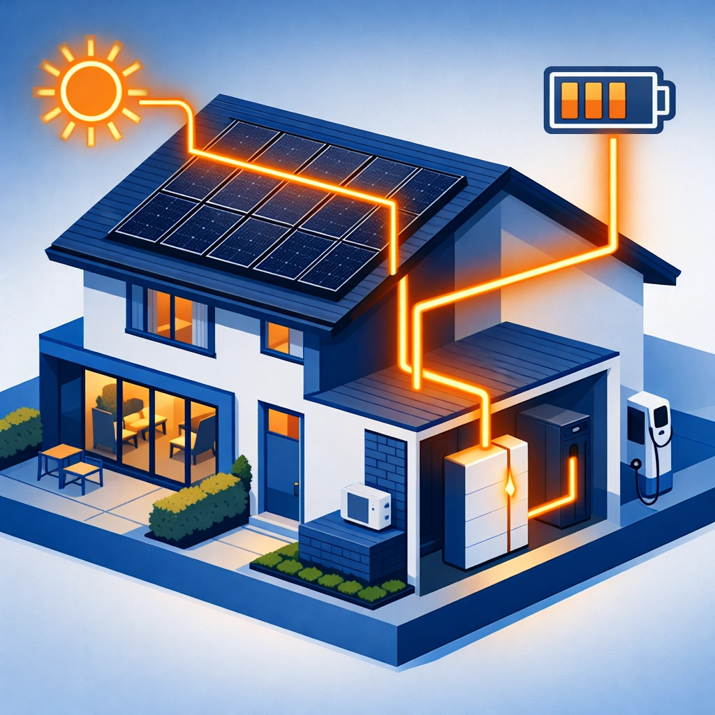 Illustration of a Surrey house with solar panels and energy storage battery for home power independence.