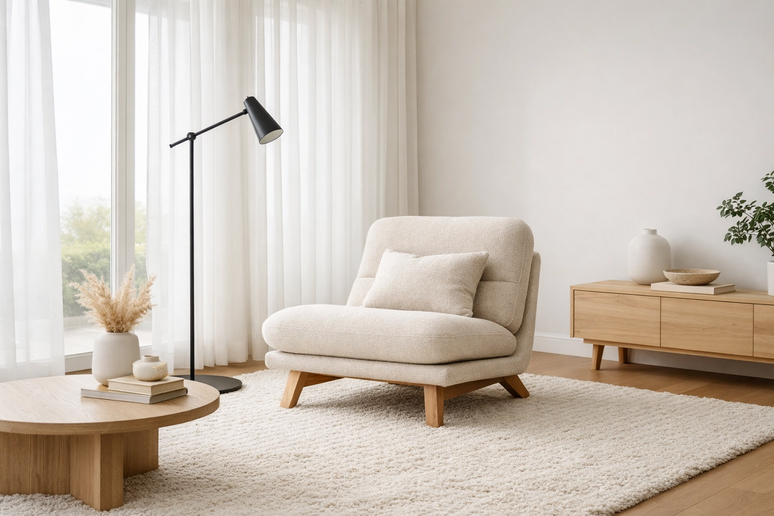 Modern living room corner featuring a neutral accent chair and minimalist floor lamp in a sun-drenched space.