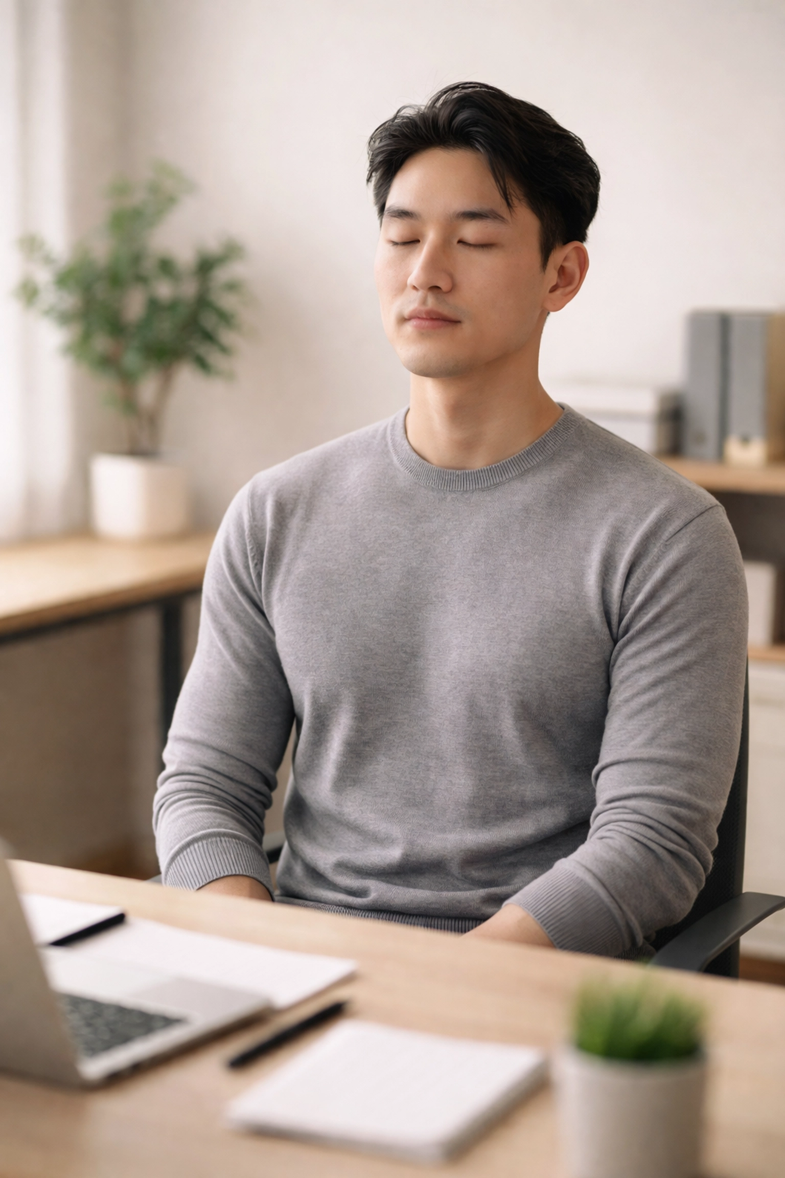 Man practicing deep breathing exercises at desk for stress relief and mental clarity