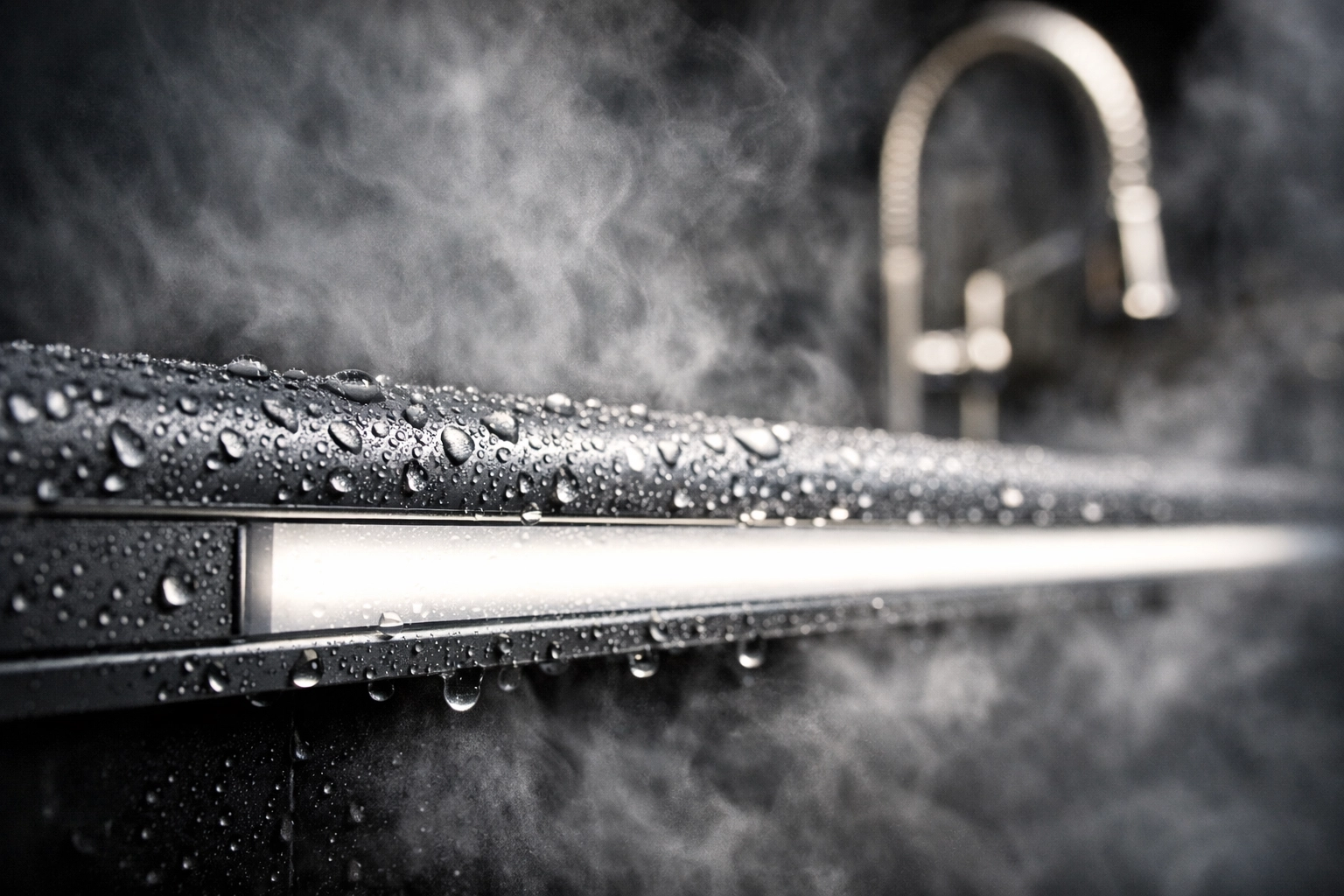 Éclairage LED étanche IP44 résistant à l'humidité dans une cuisine moderne.