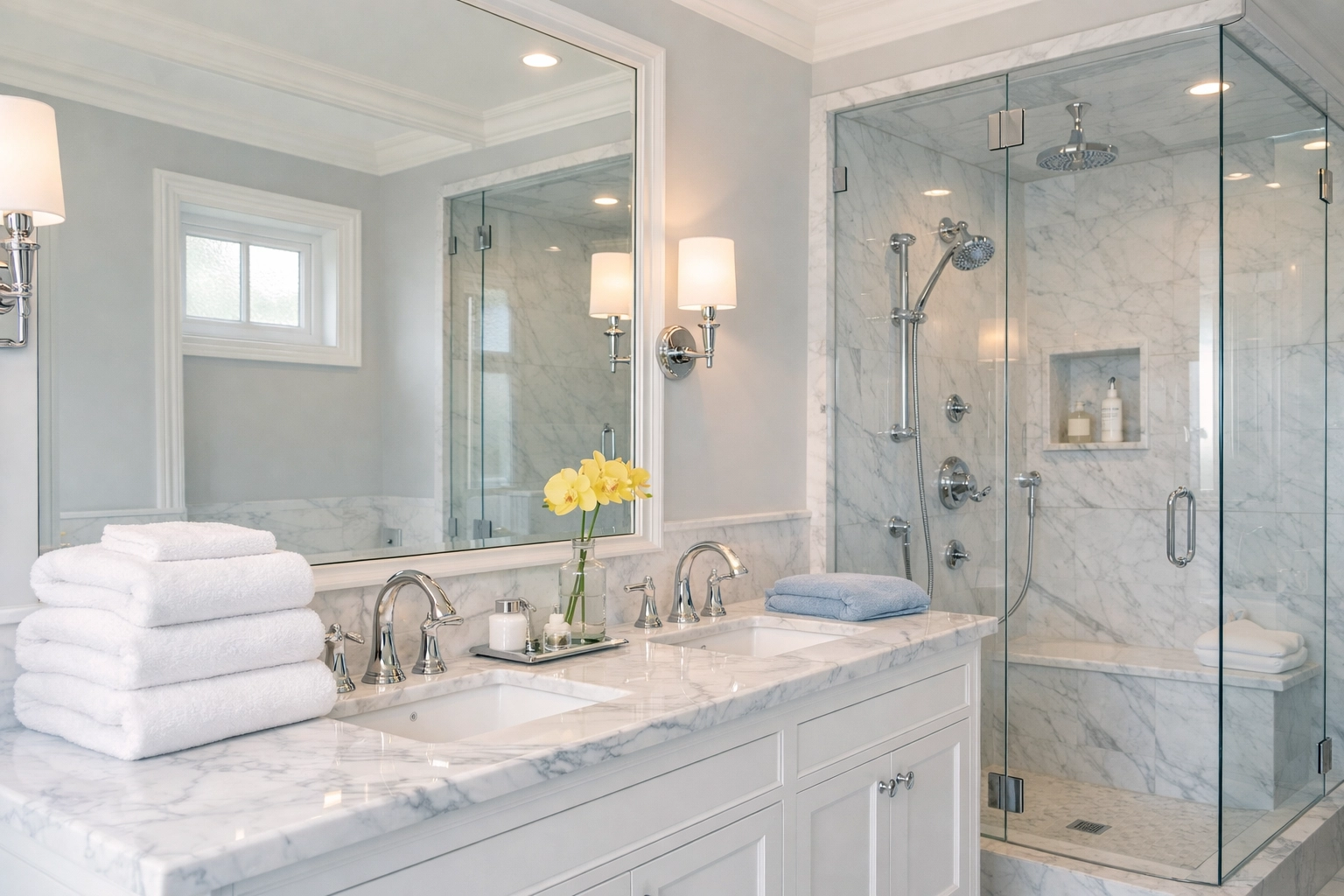 Deep cleaned luxury bathroom in Natick with sparkling fixtures and white marble double vanity.