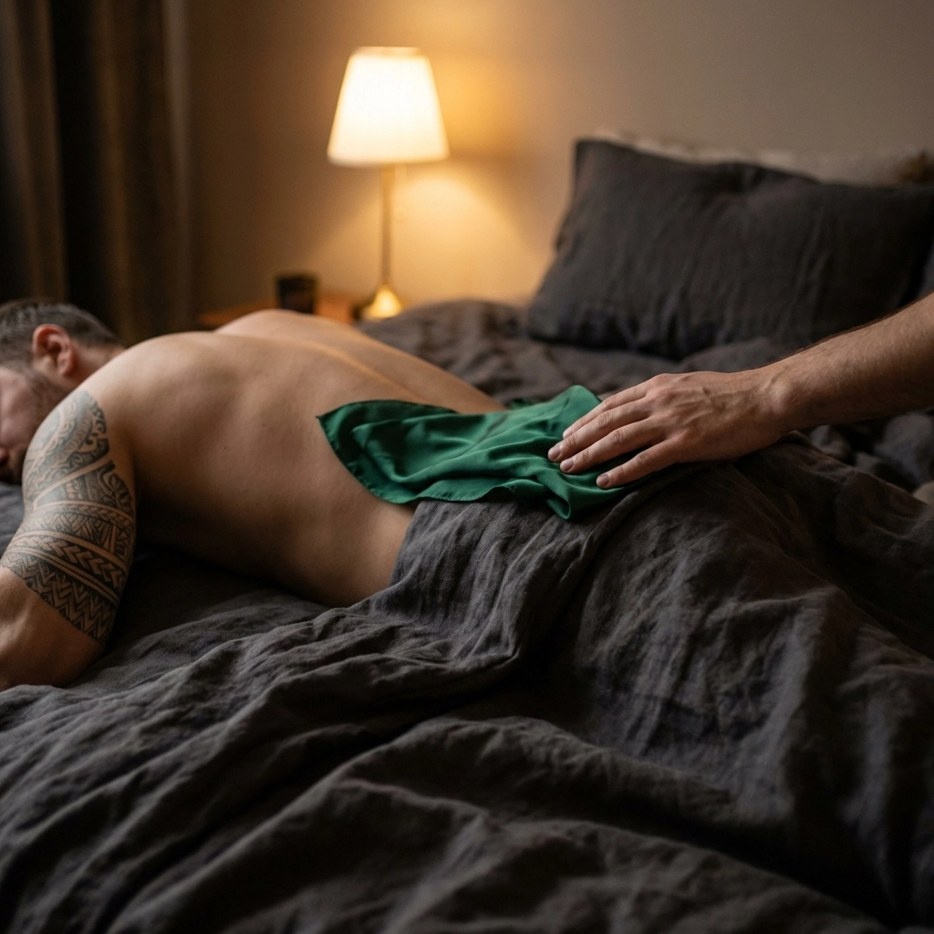 Gay couple exploring sensory touch by trailing a soft silk scarf over a man's back in bed.
