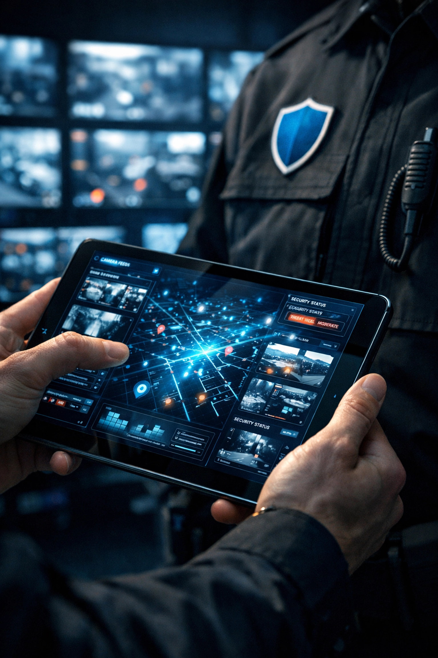 High-tech security surveillance using a digital tablet for real-time monitoring and accountability.