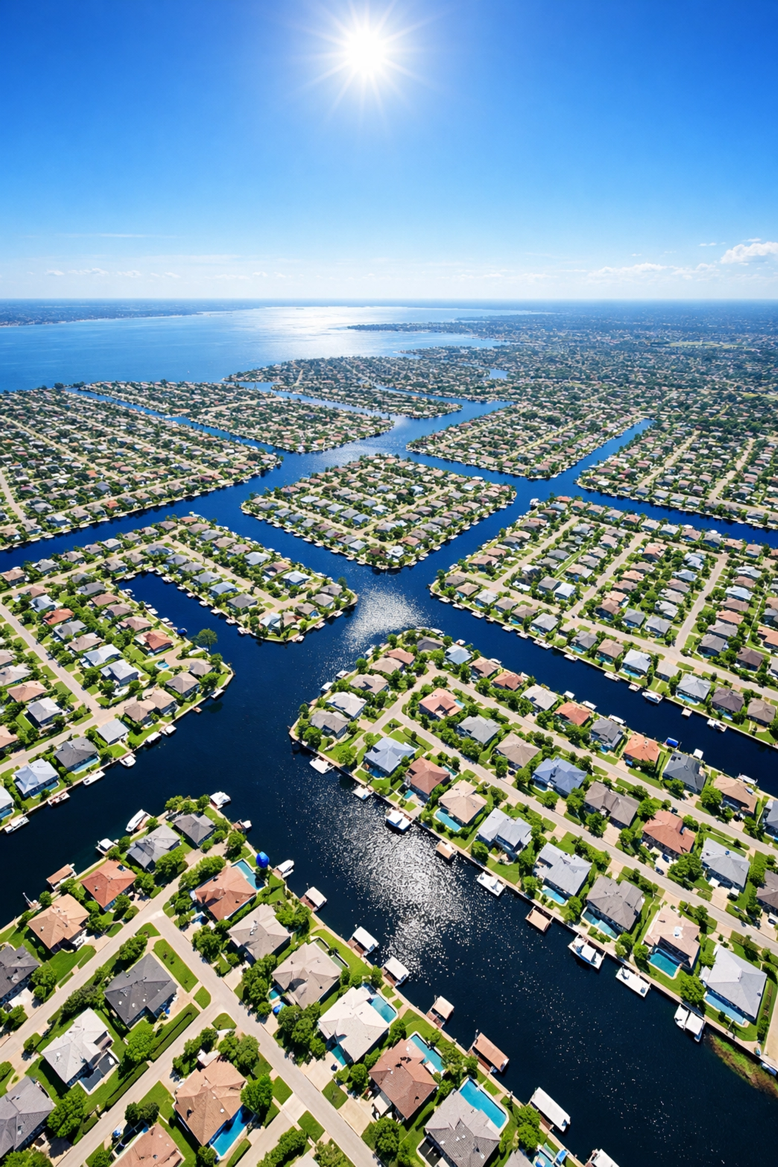 Aerial drone view of the extensive Cape Coral canal system and waterfront neighborhoods.