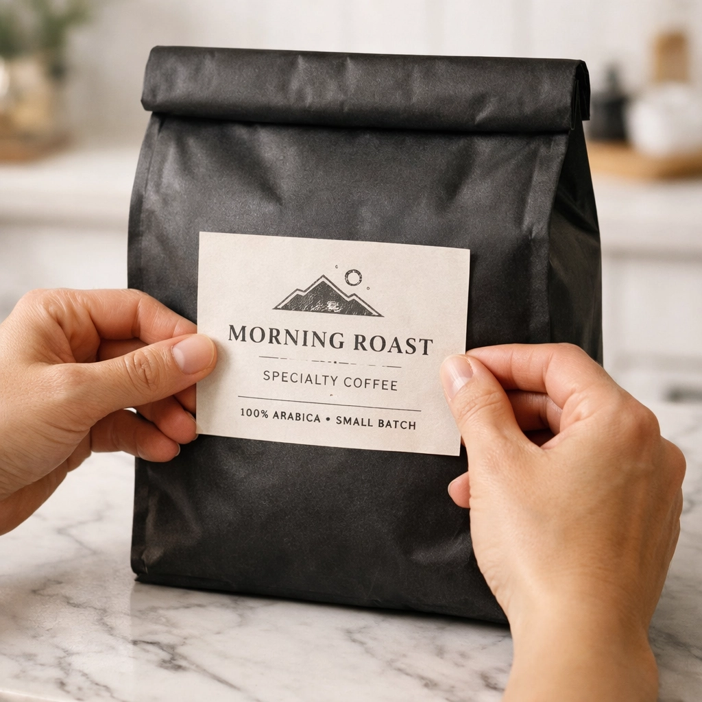 Hand applying a custom label to a specialty coffee bag for a UK dropshipping brand.