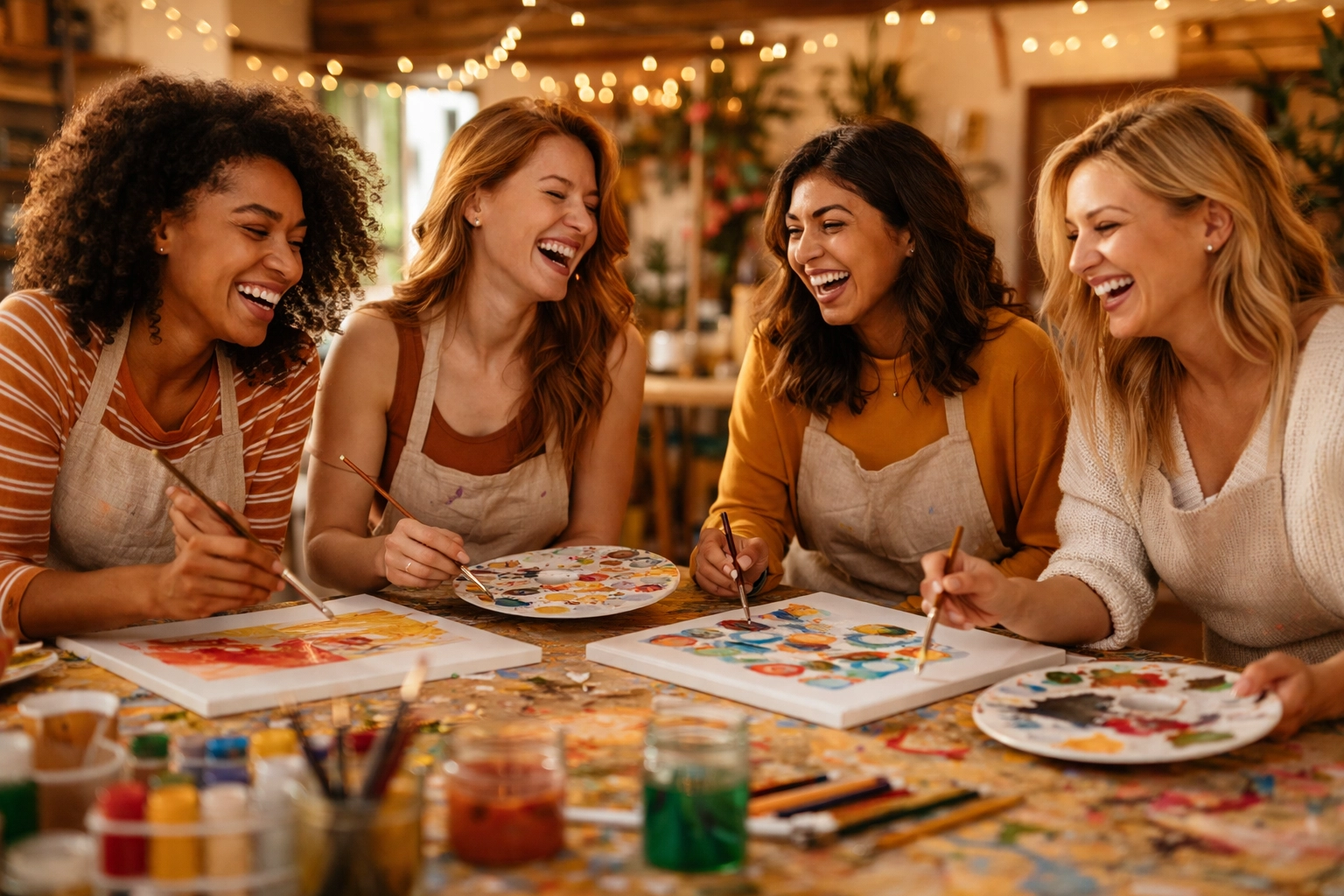 HR team members connecting with laughter and painting, showcasing team wellness and creative renewal