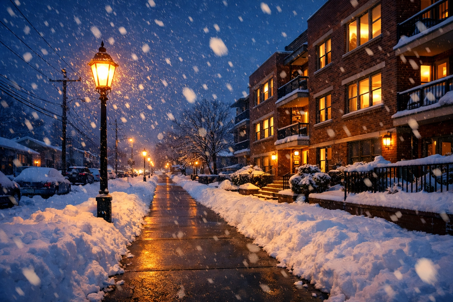 Cleared sidewalk in front of a Staten Island apartment building during a winter snowstorm.