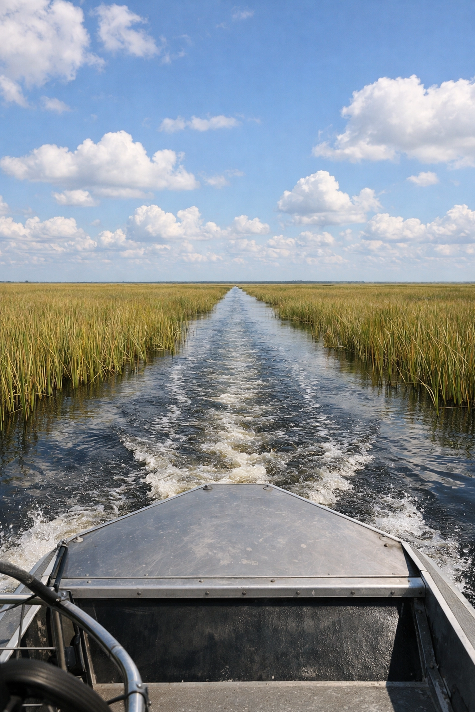 An airboat path through the sawgrass prairies of Everglades National Park, a top Miami hidden gem.