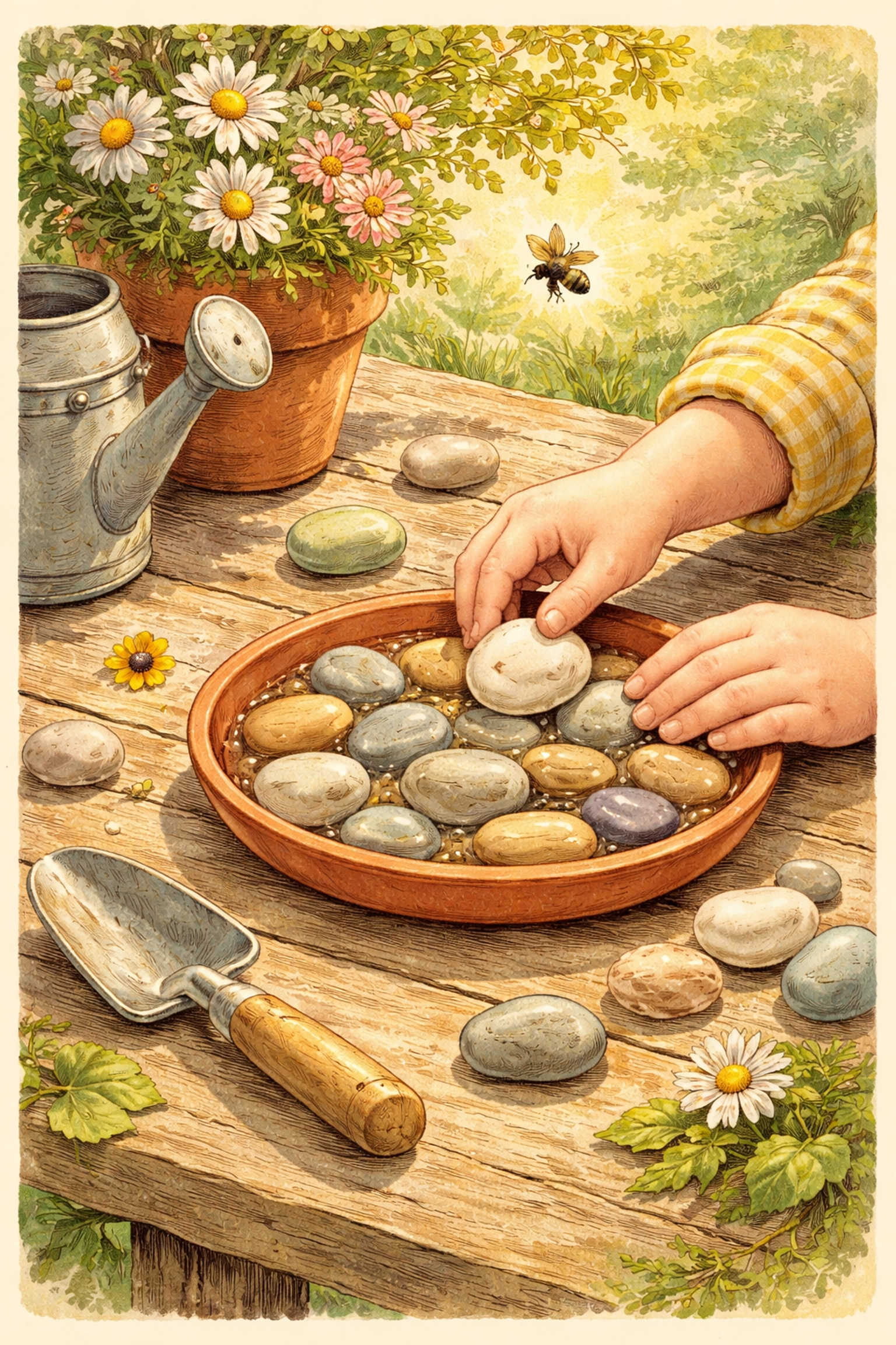 A child arranges pebbles in a shallow saucer for a bee waterer, demonstrating a simple DIY pollinator project.