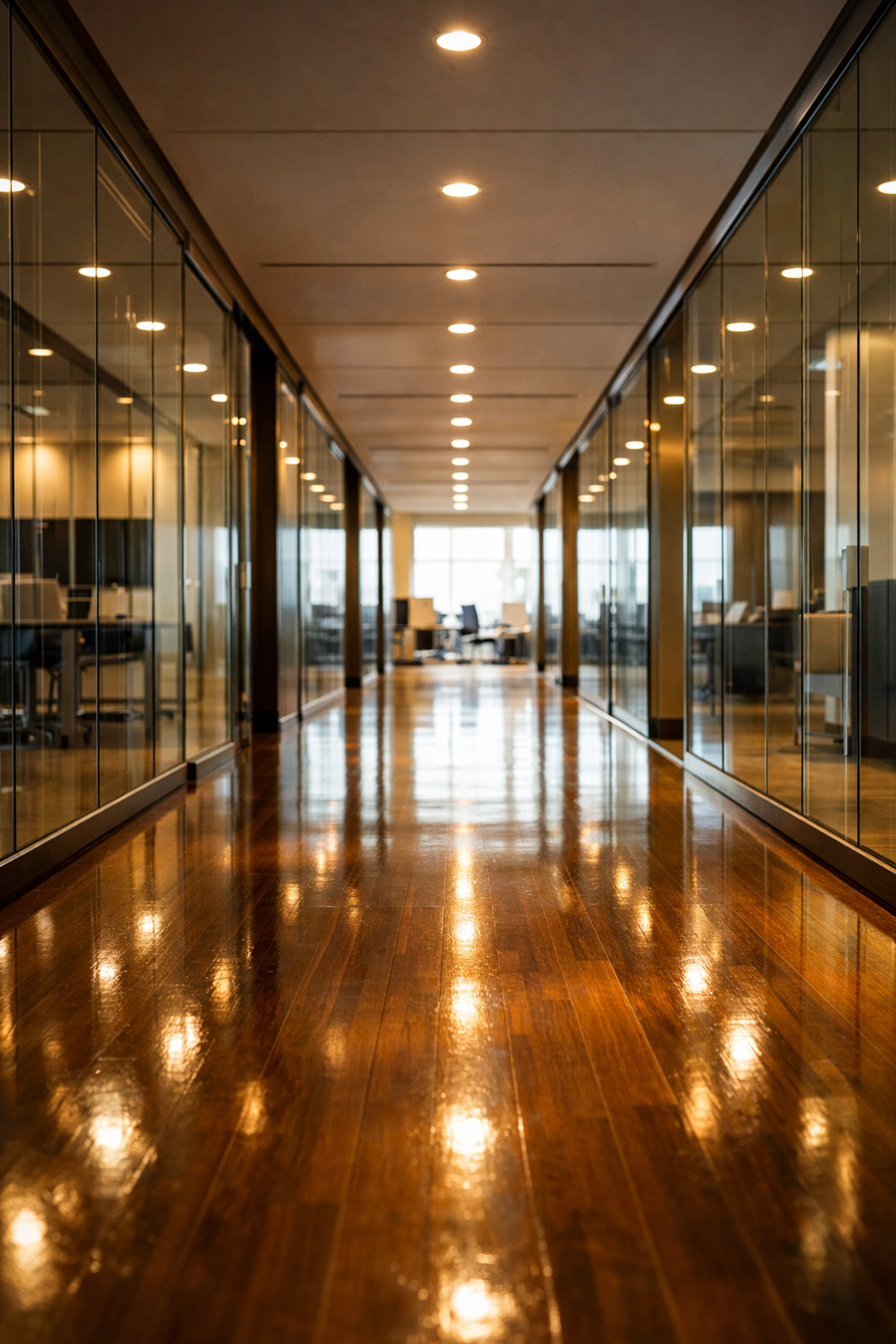 Polished hardwood office corridor in Indianapolis highlighting professional floor cleaning and maintenance.