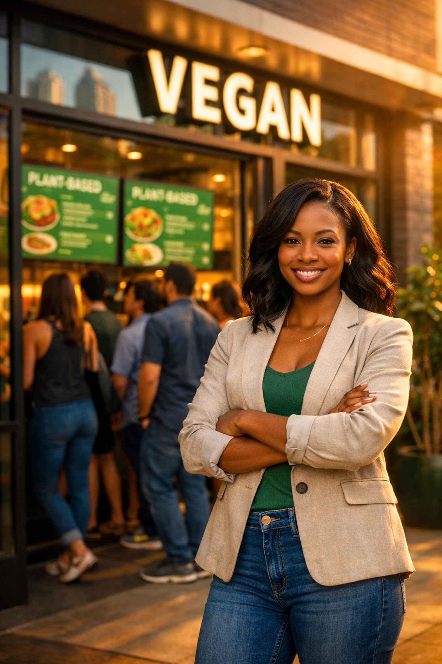 Black woman entrepreneur standing outside vegan restaurant storefront in Atlanta