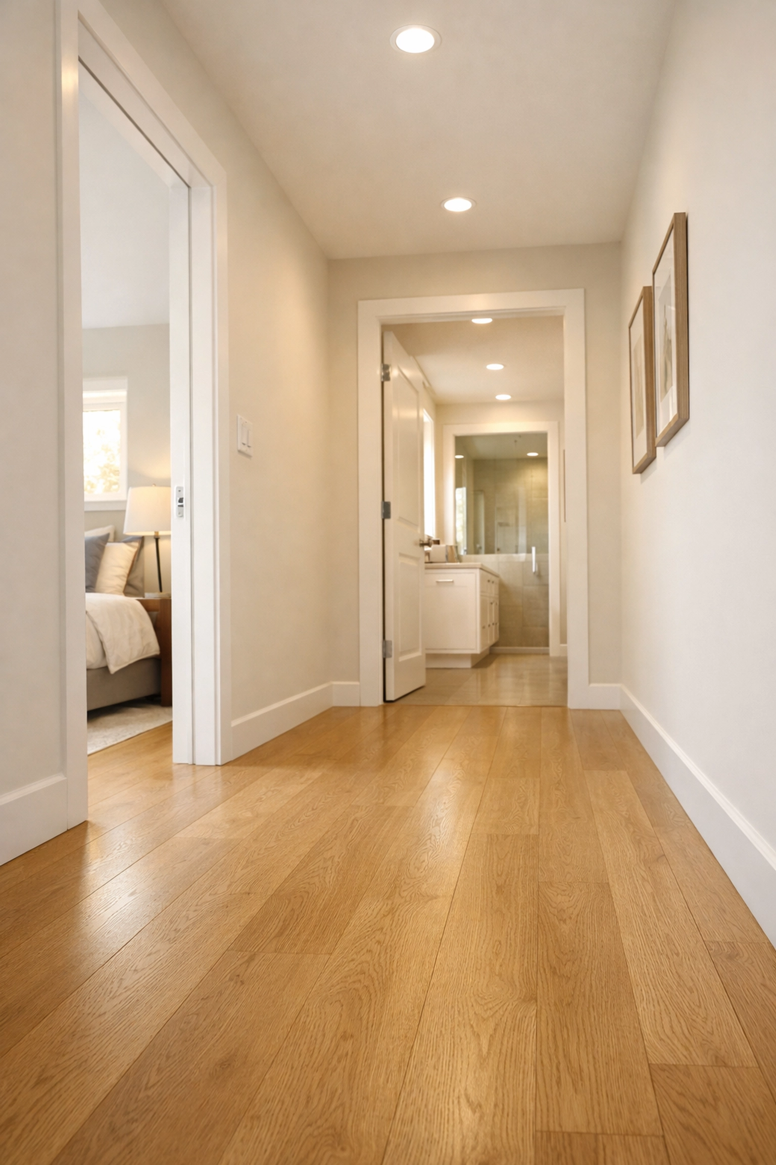 A clutter-free hallway with bright natural lighting, optimized for senior home safety and fall prevention.