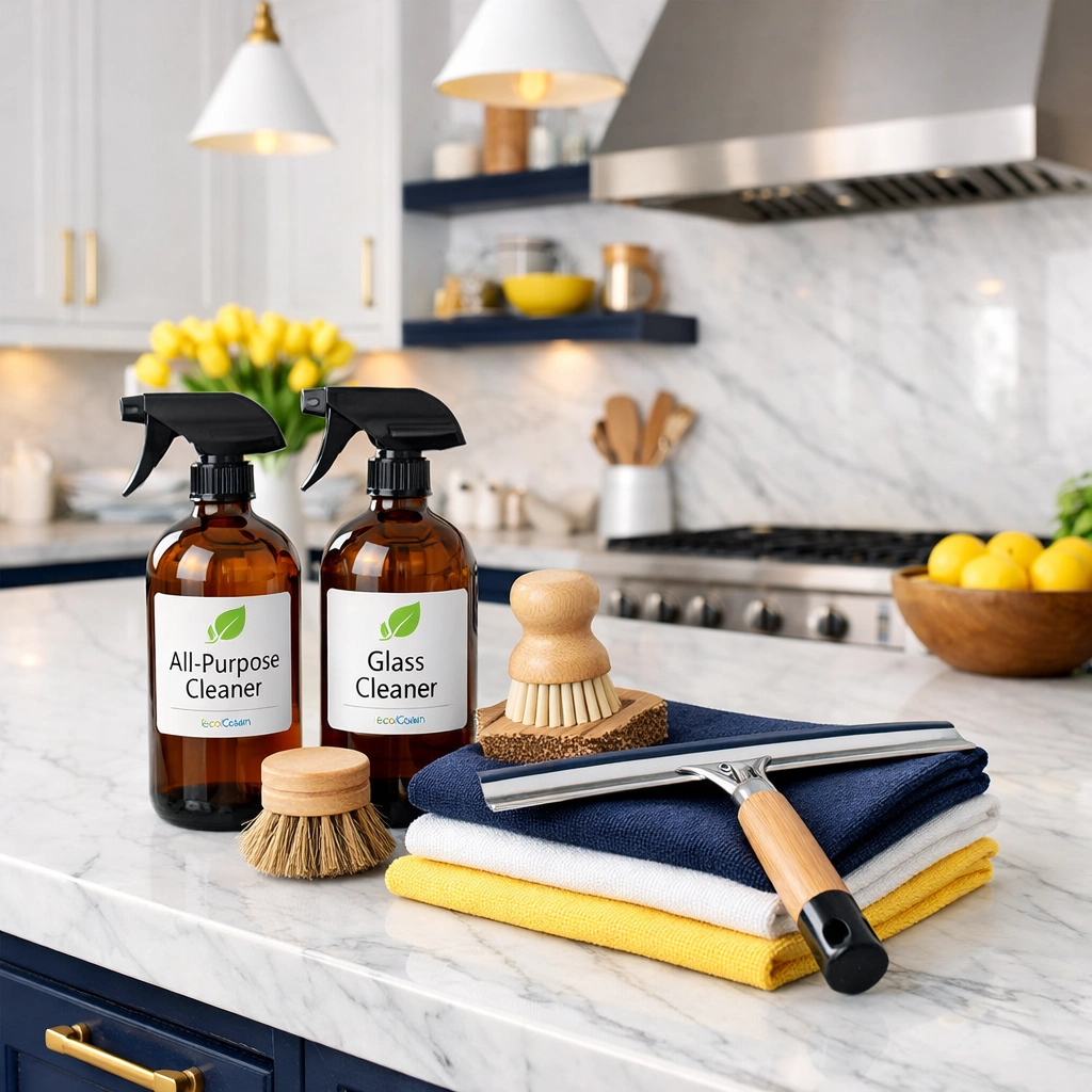 Professional cleaning services near me using eco-friendly tools in a modern white marble kitchen.