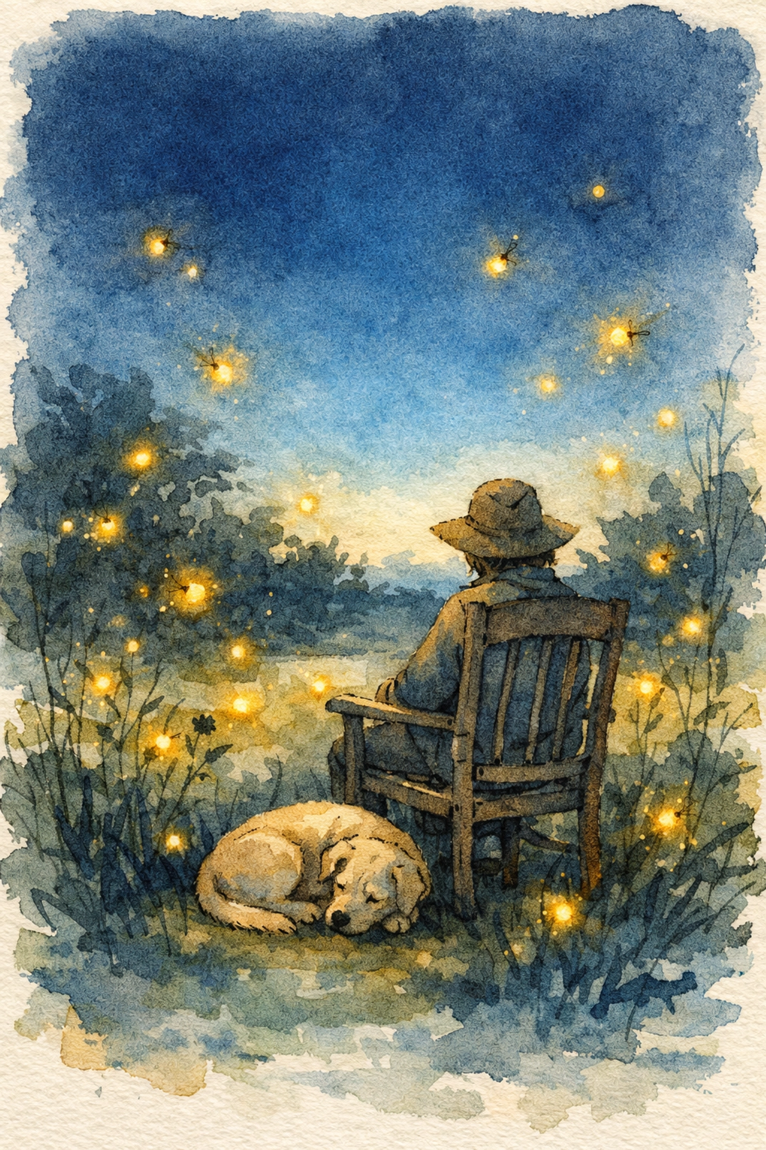 Peaceful evening in backyard garden with fireflies, embracing God's presence in everyday life