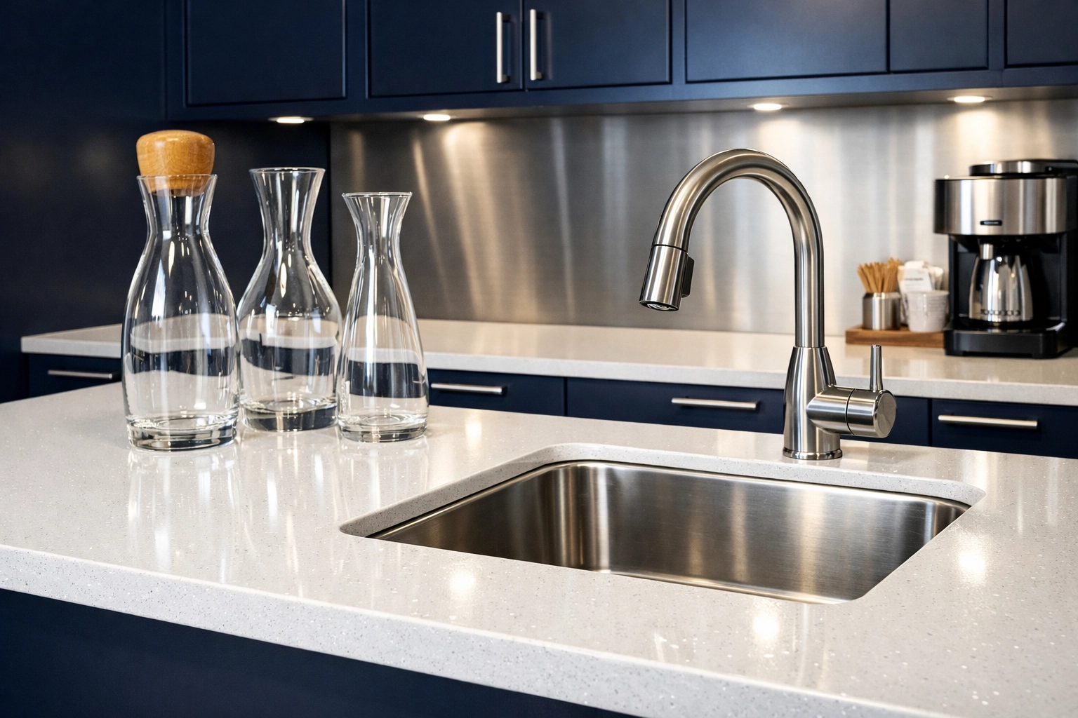 Deep cleaned Medfield office kitchenette with sanitized quartz countertops and polished stainless steel sink.