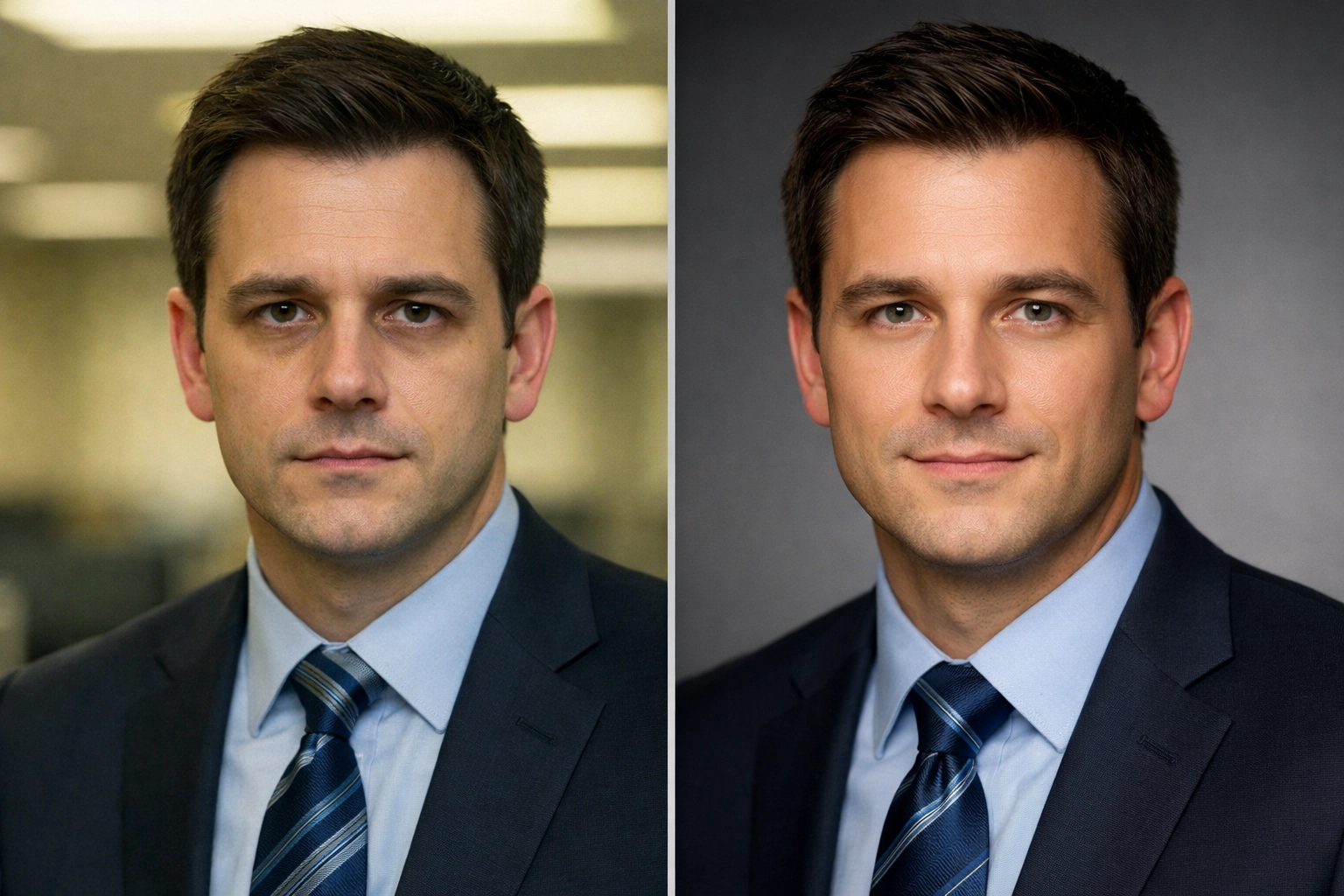 Comparison of poor office lighting versus professional lighting for an executive portrait.