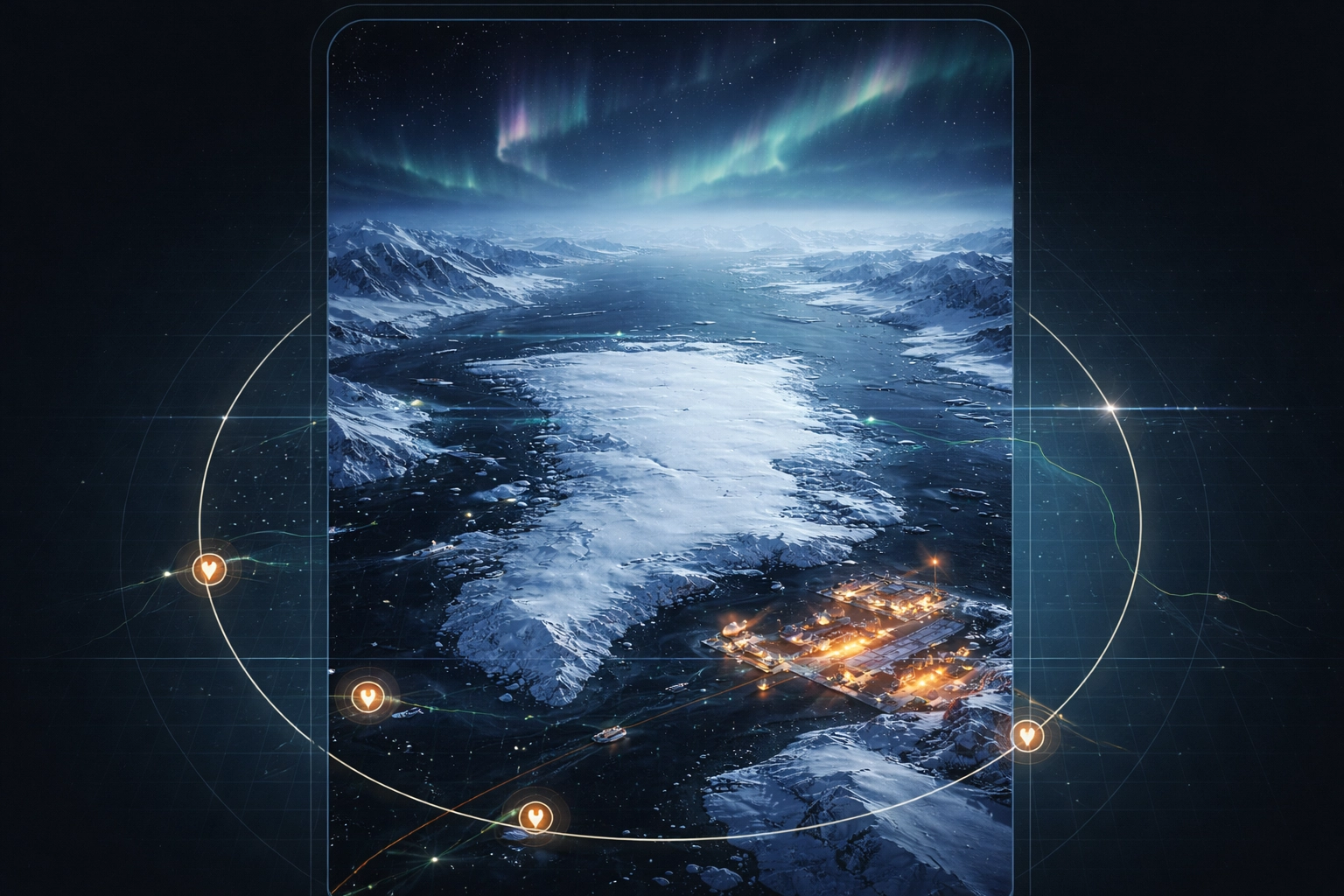 Greenland Arctic coastline with geopolitical map overlay (no people)