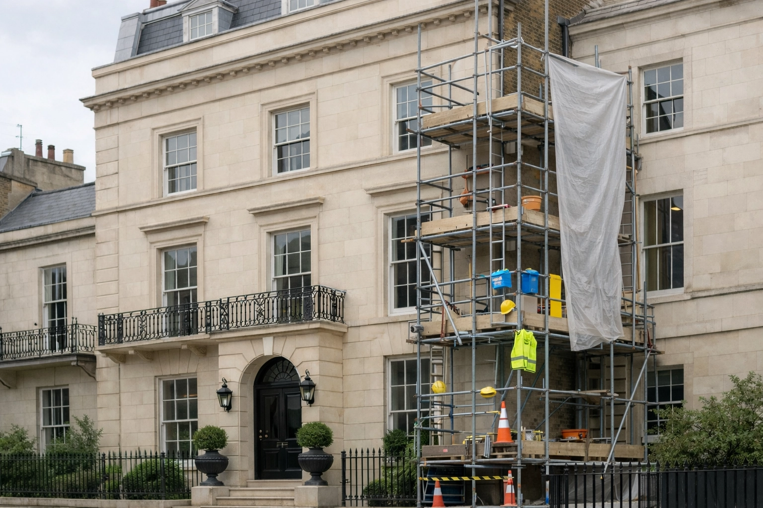 Elegant townhouse with scaffolding showing renovation work requiring specialist property insurance