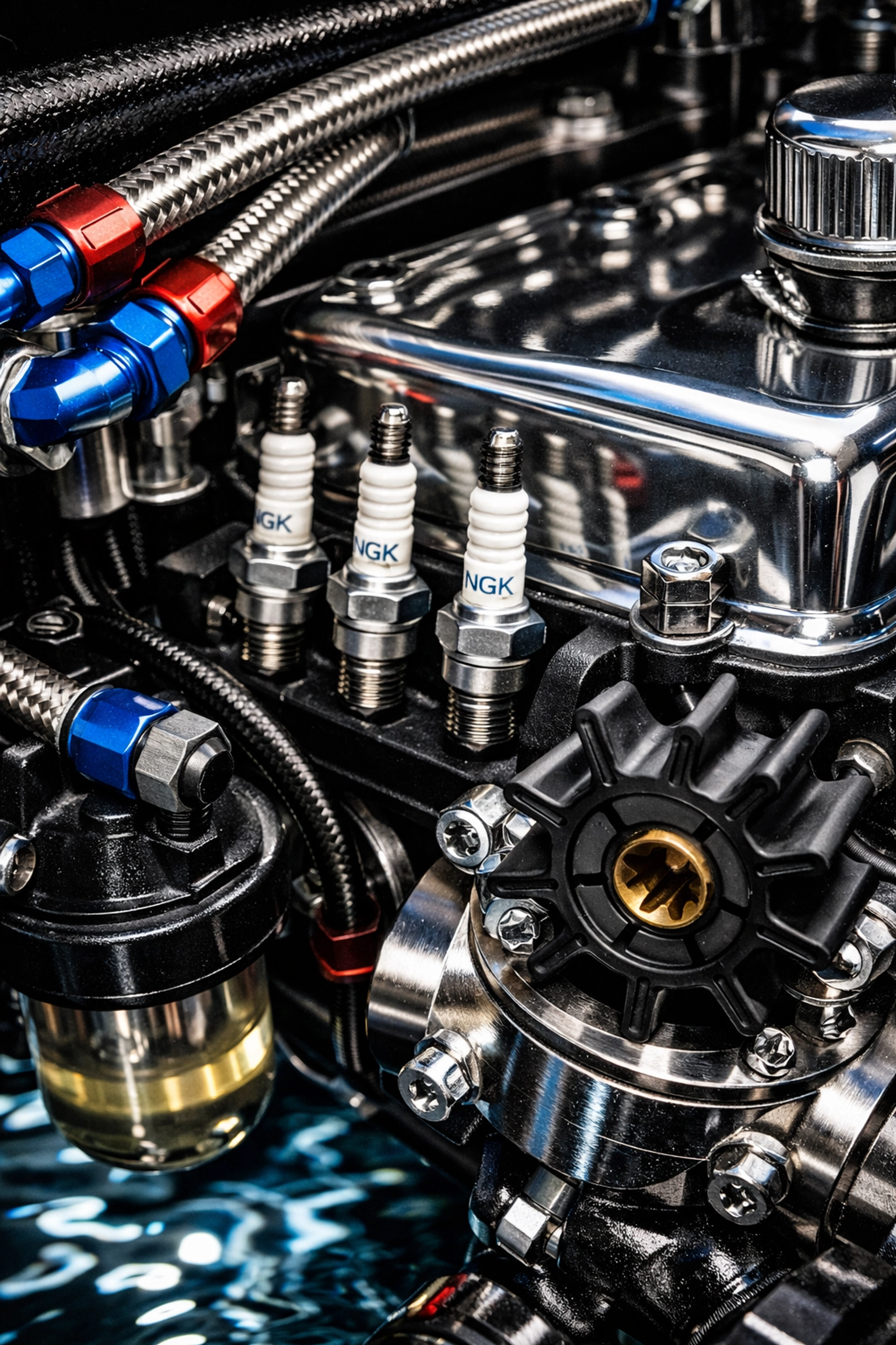 Boat engine compartment with fuel lines and spark plugs for spring service