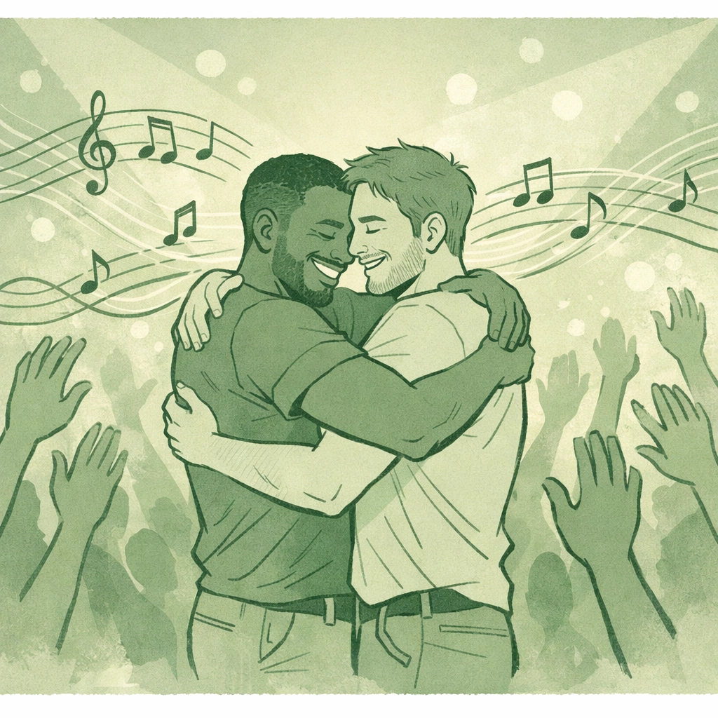 Two men embracing on dance floor celebrating house music liberation and queer joy