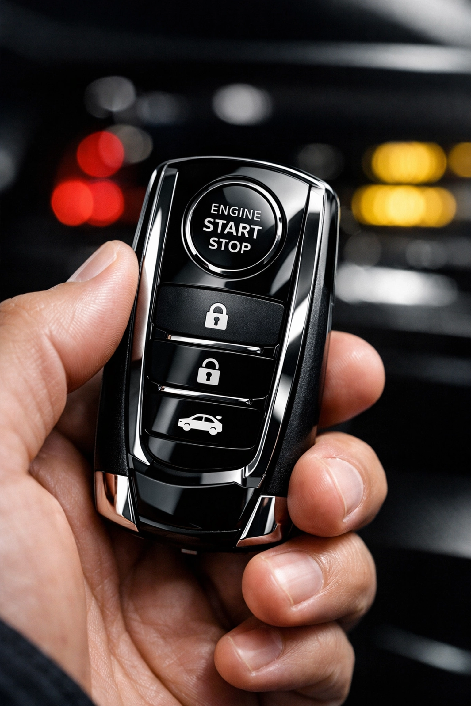 Car key replacement Indianapolis technician holding a modern vehicle key fob for programming.