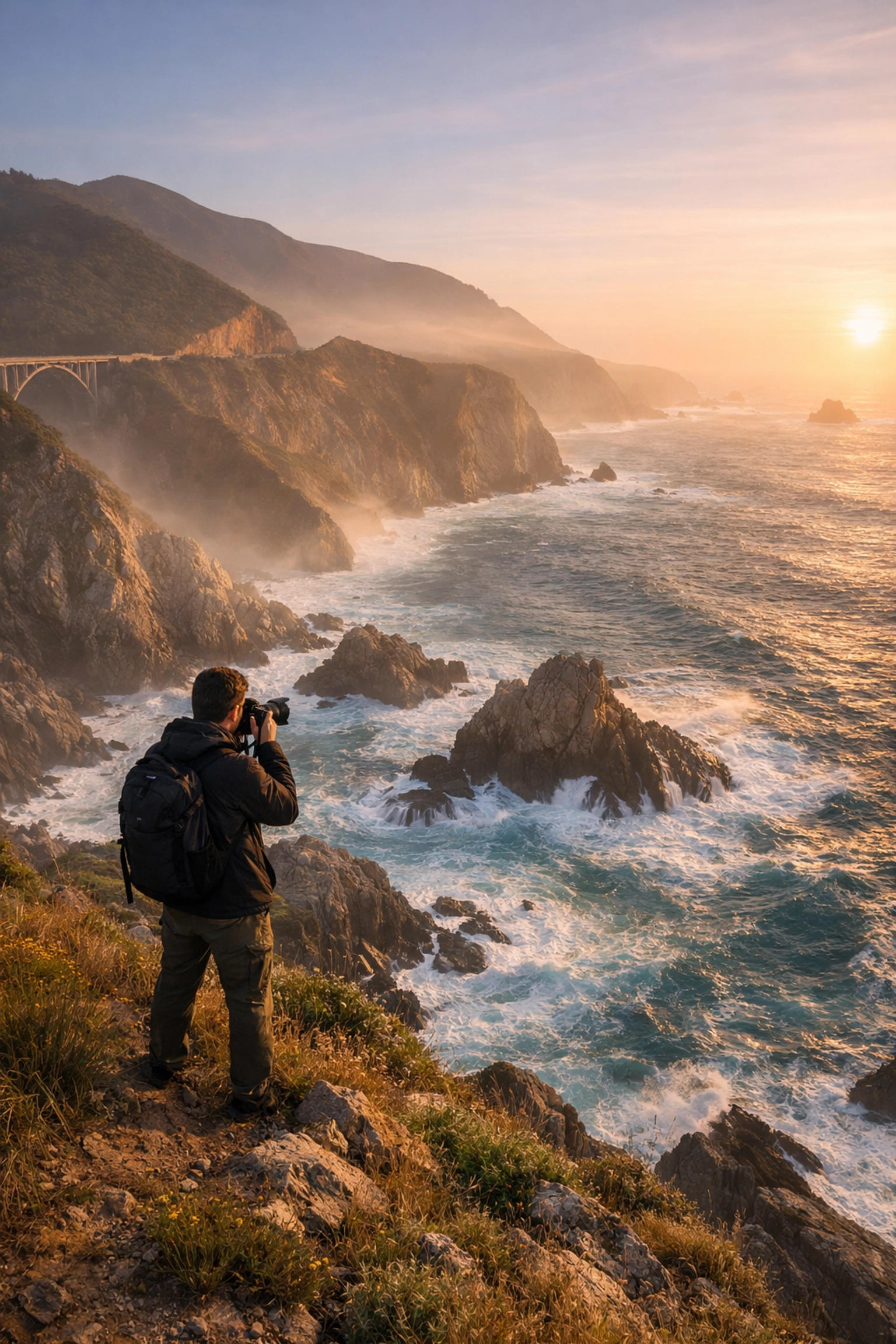 Photographer capturing a unique angle at a hidden gem, searching for the best photo spots near me in Big Sur.