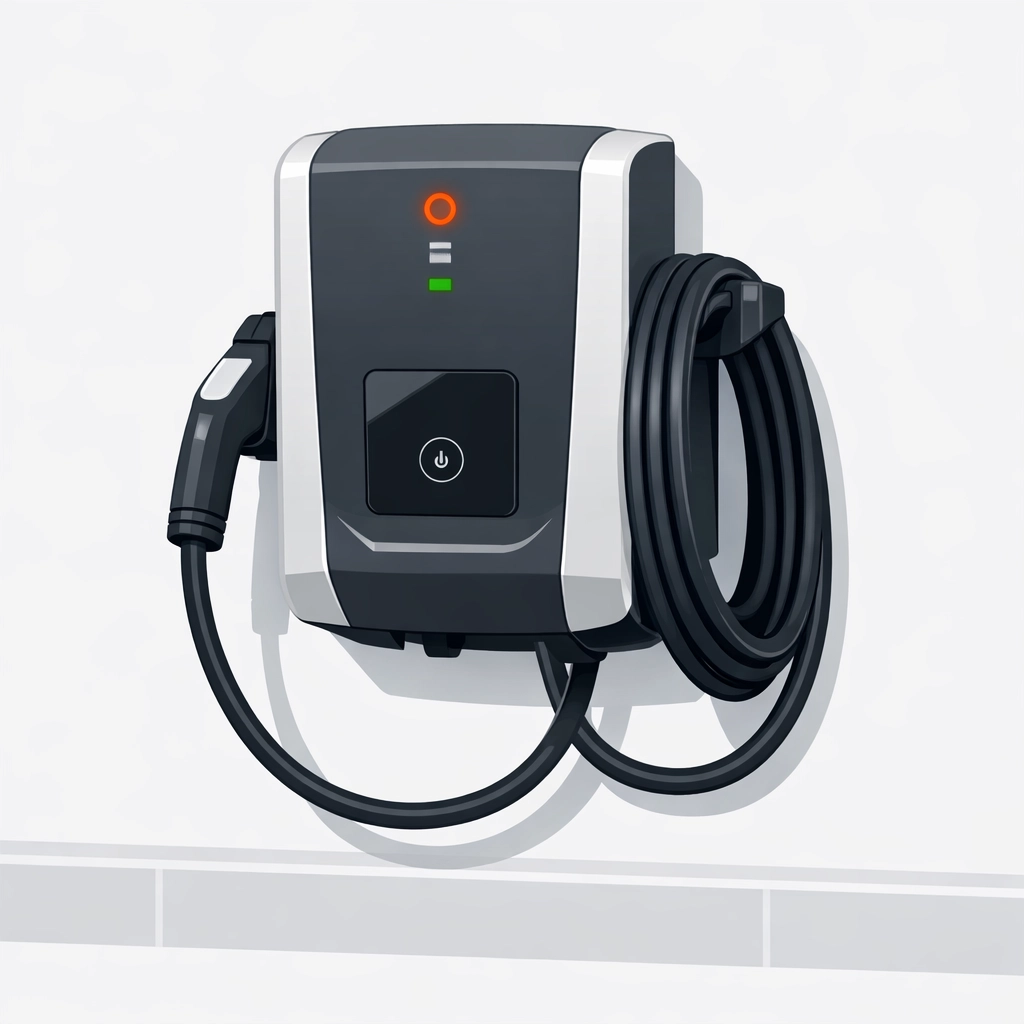 Technische Illustration einer modernen Wallbox für das effiziente Laden von Elektroautos im Smart Home.