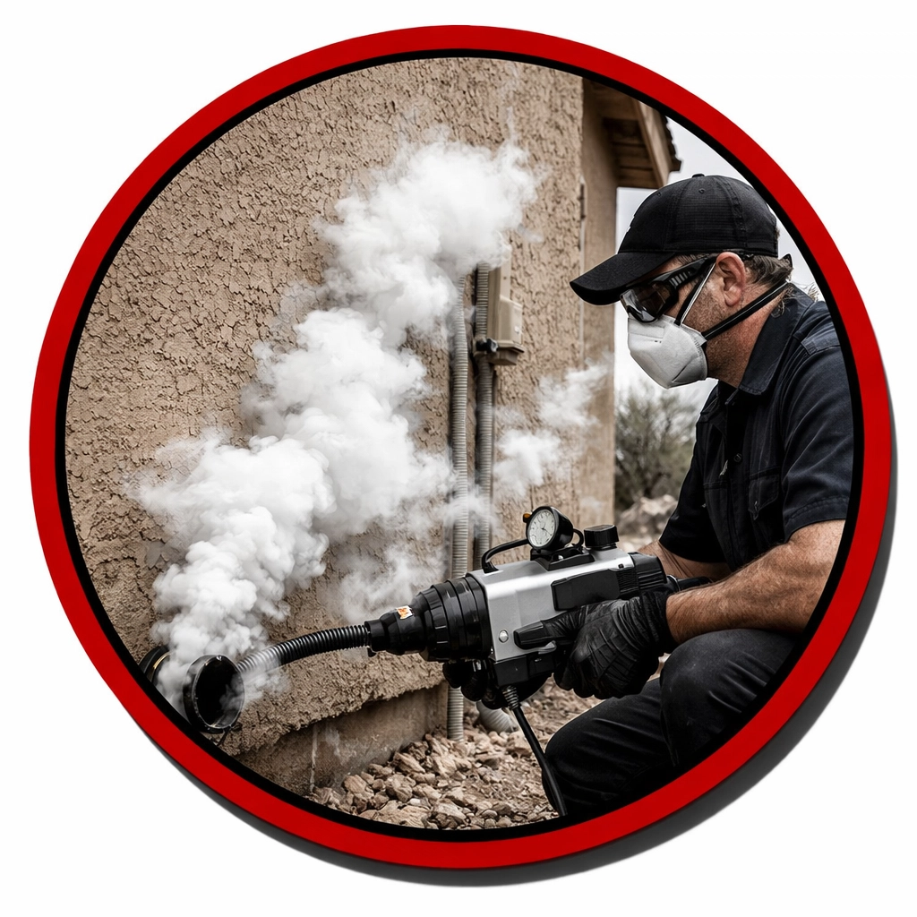 Pest control professional performing smoke test to reveal hidden rodent entry points in home foundation