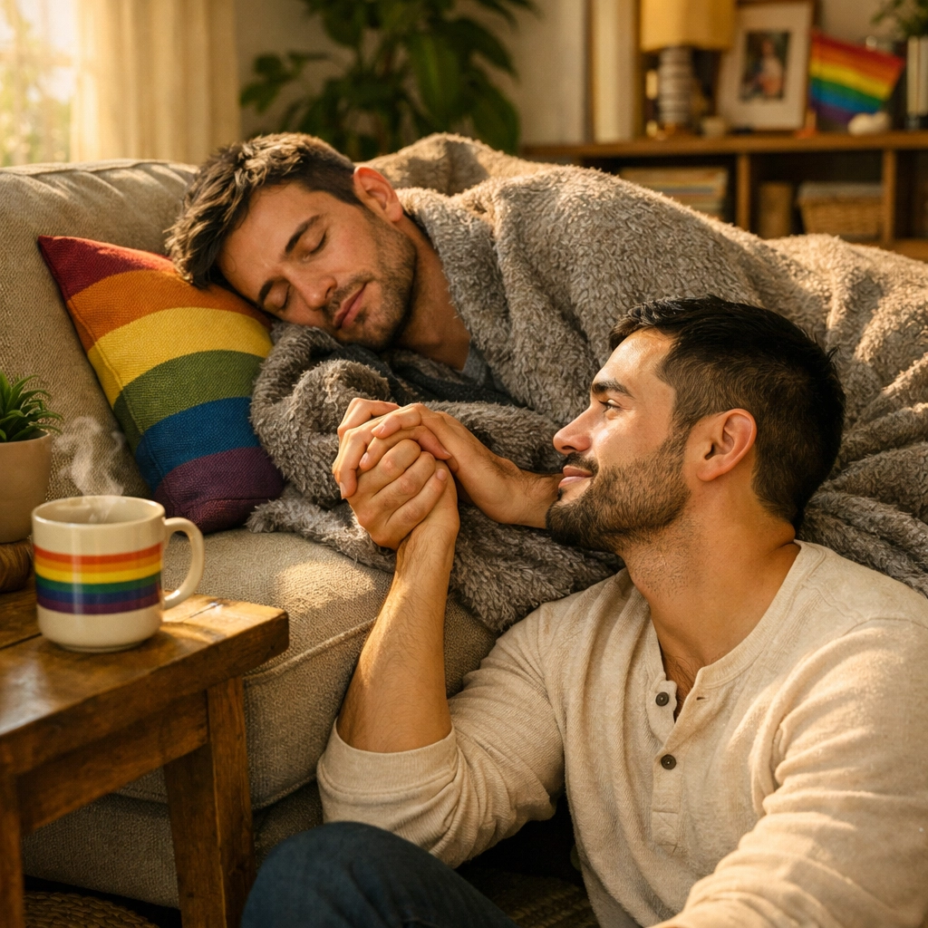 A supportive gay couple demonstrating gentle masculinity and caretaking in a cozy living room.