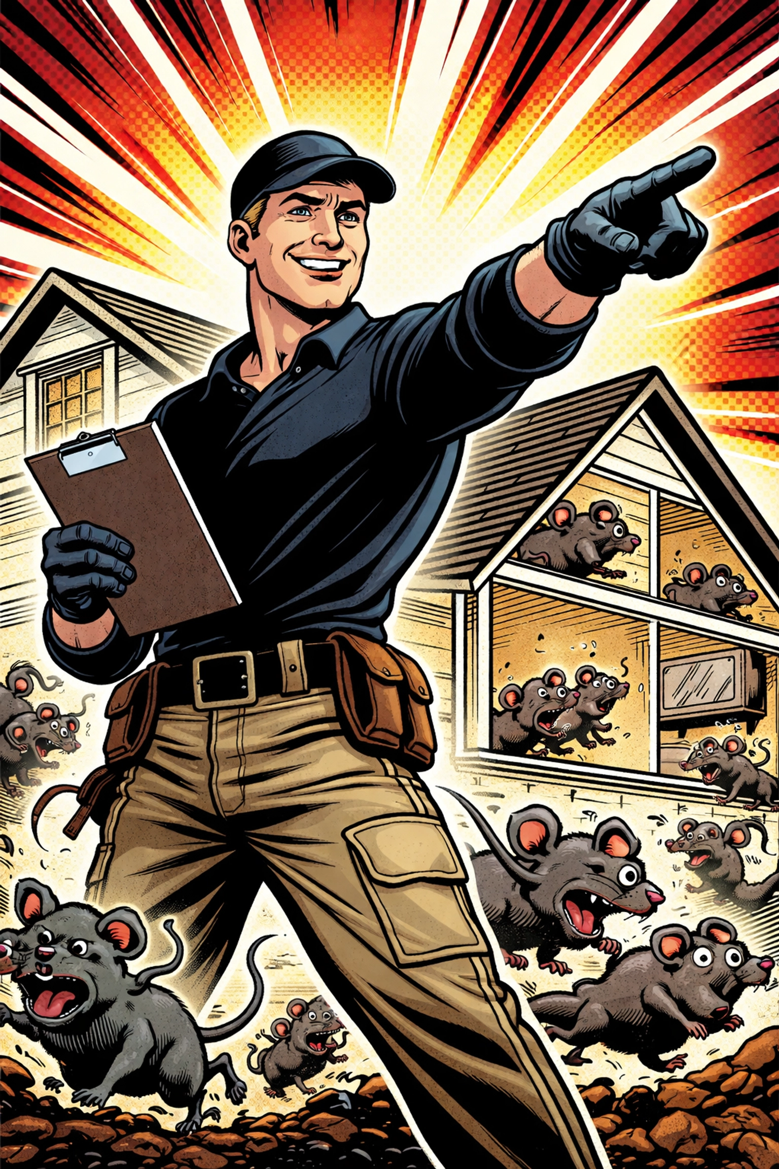 Heroic pest control technician with mice fleeing a house, capturing professional rodent control solutions in Jasper, AL.