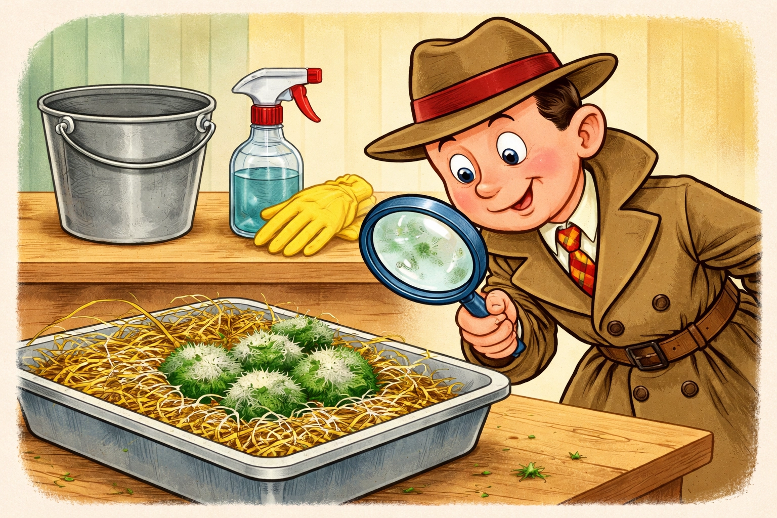 A whimsical 1950s-style storybook illustration of a mushroom bucket and straw substrate with a small fuzzy green patch starting, plus clean gloves and a spray bottle nearby, showing contamination warning signs.