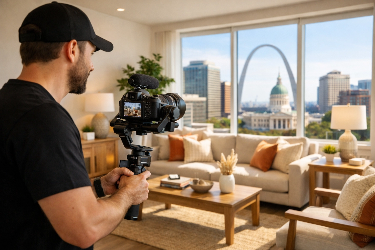 Professional St. Louis real estate photographer filming property video walkthrough with gimbal