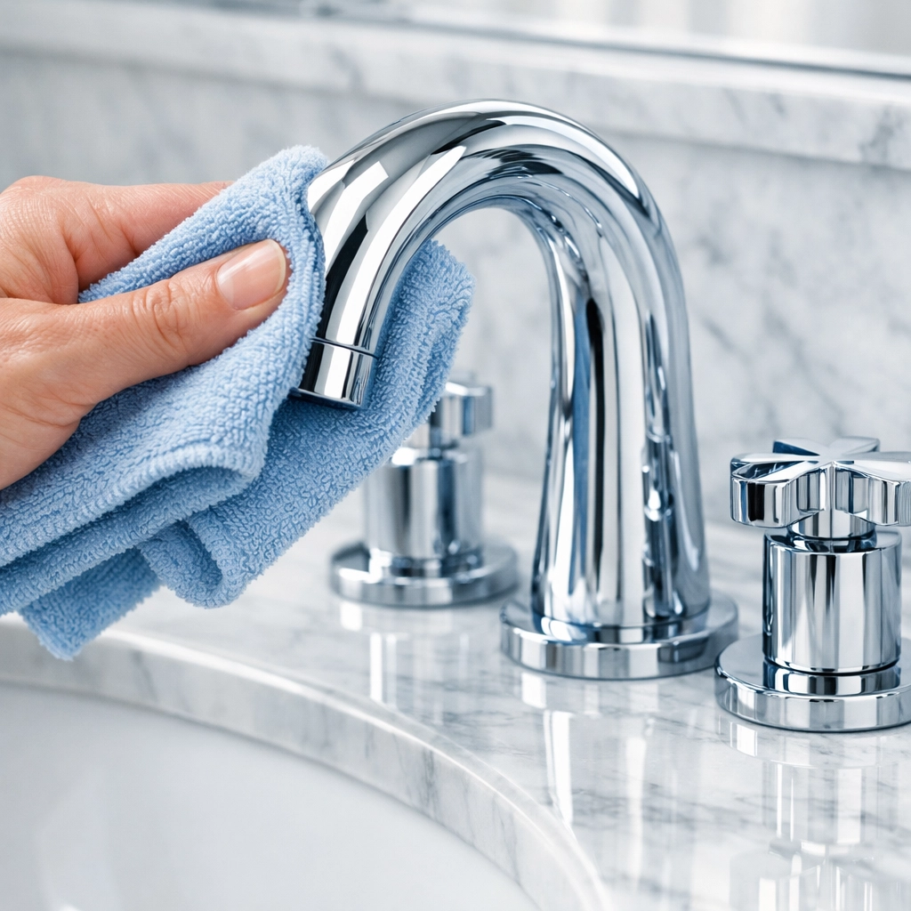 Professional cleaners in Concord MA polishing a designer chrome faucet in a marble bathroom.