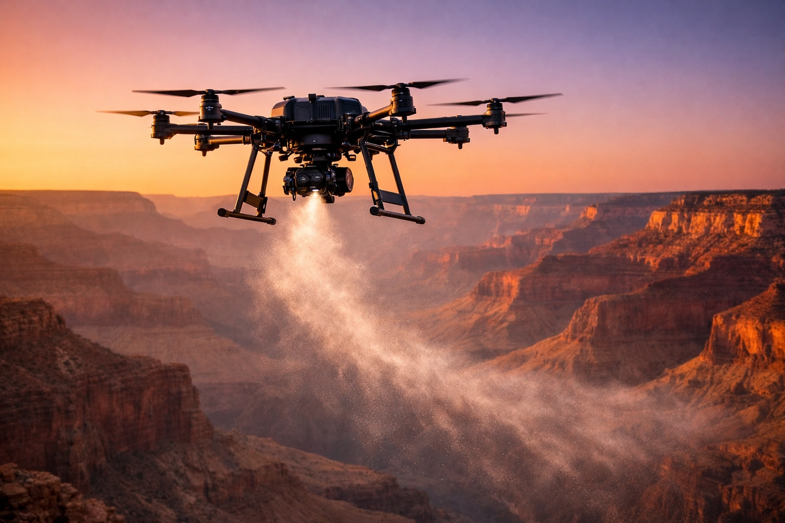 Professional drone ashes scattering ceremony over the Grand Canyon at sunset for a dignified memorial.