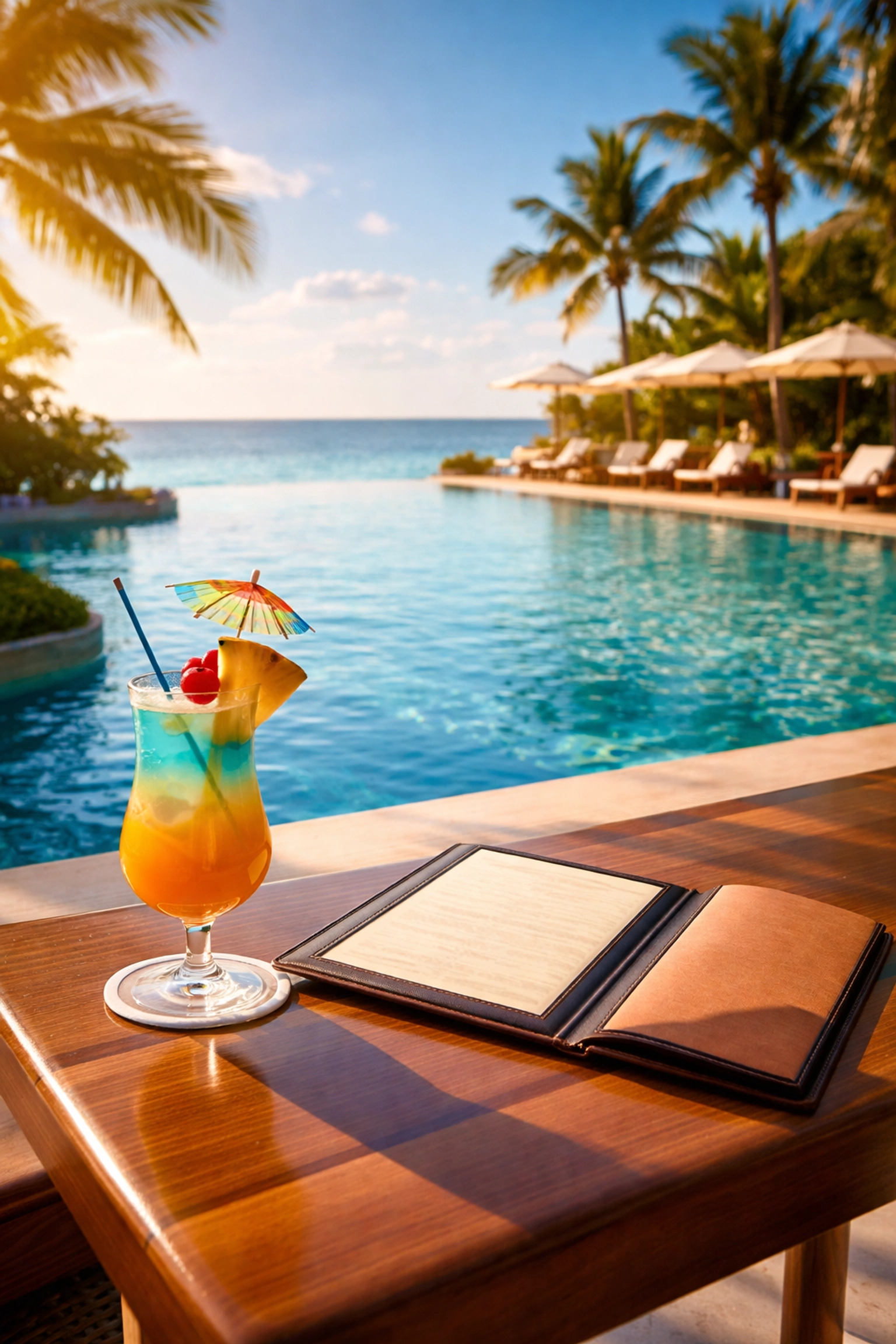 Luxurious all-inclusive resort pool with a cocktail and ocean view, highlighting included amenities and hidden costs