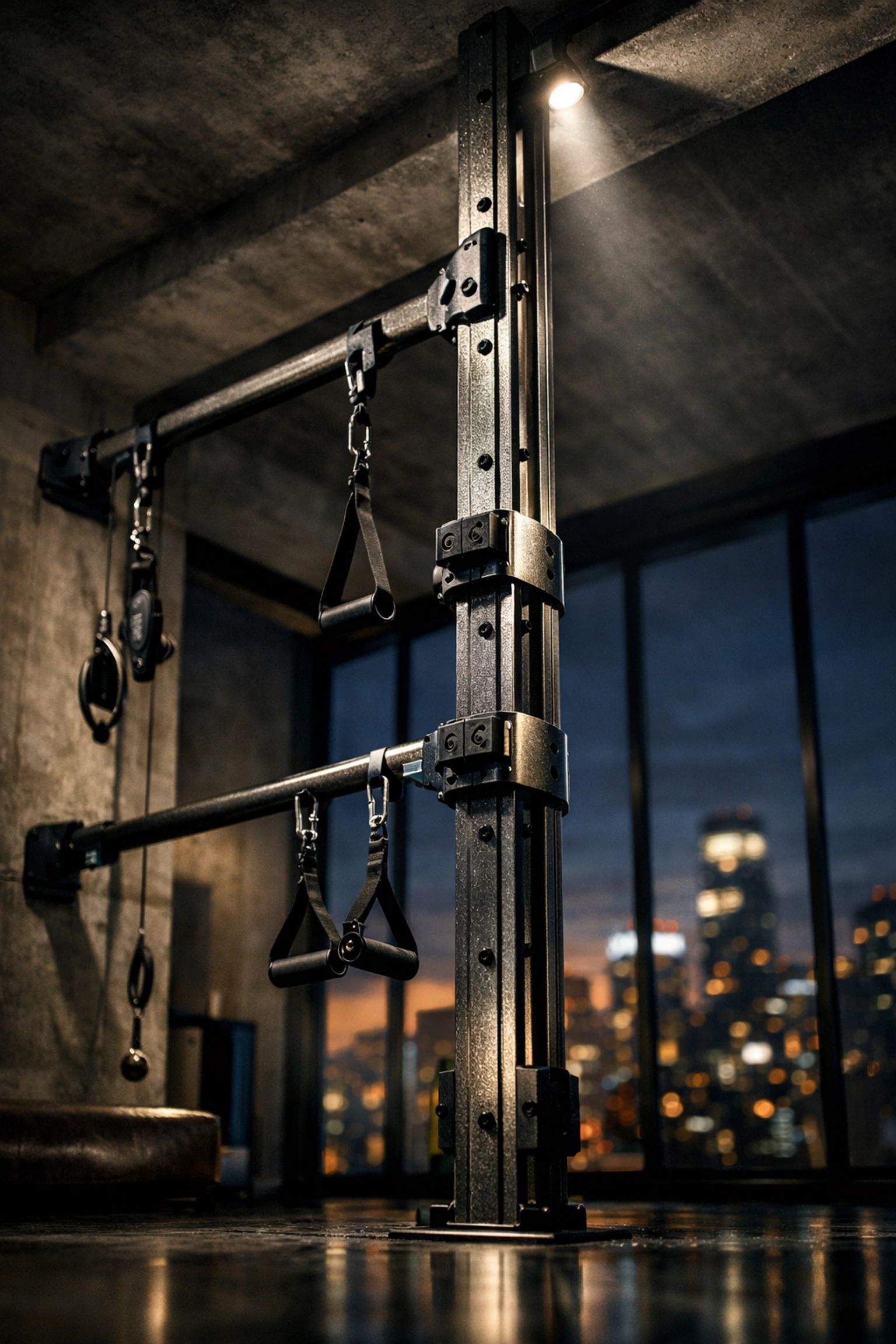 Industrial floor to ceiling gym system installed in a modern home as a sleek pull up bar alternative.