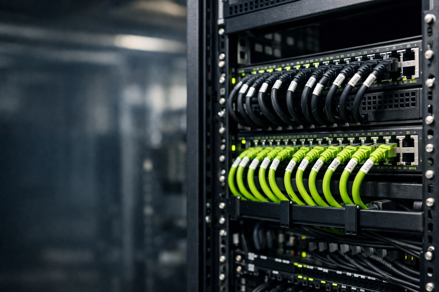 Organized network infrastructure showing labeled cabling in a professional server rack for secure access control.