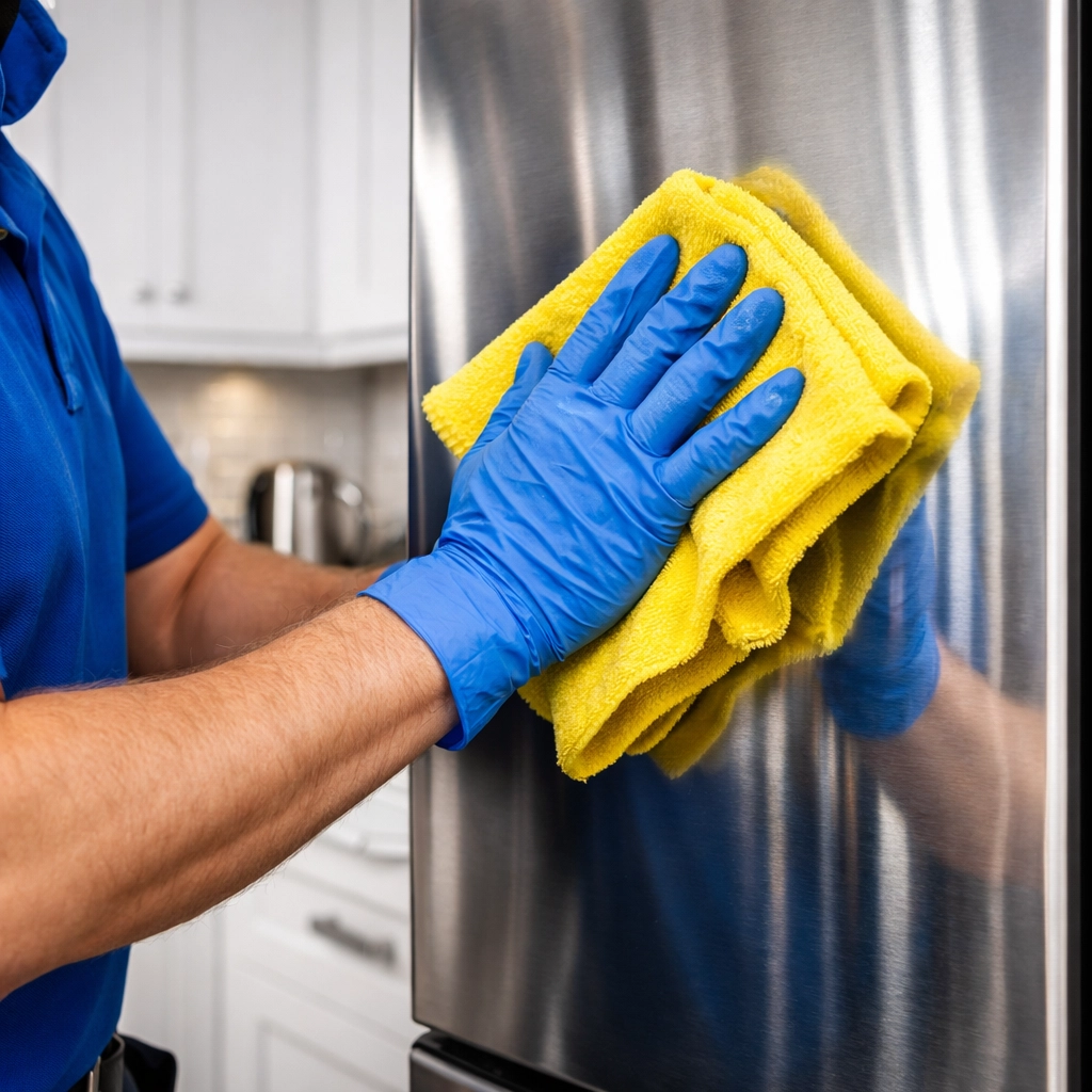 Professional house cleaning in Groton MA showing Ninja efficiency while polishing kitchen appliances.