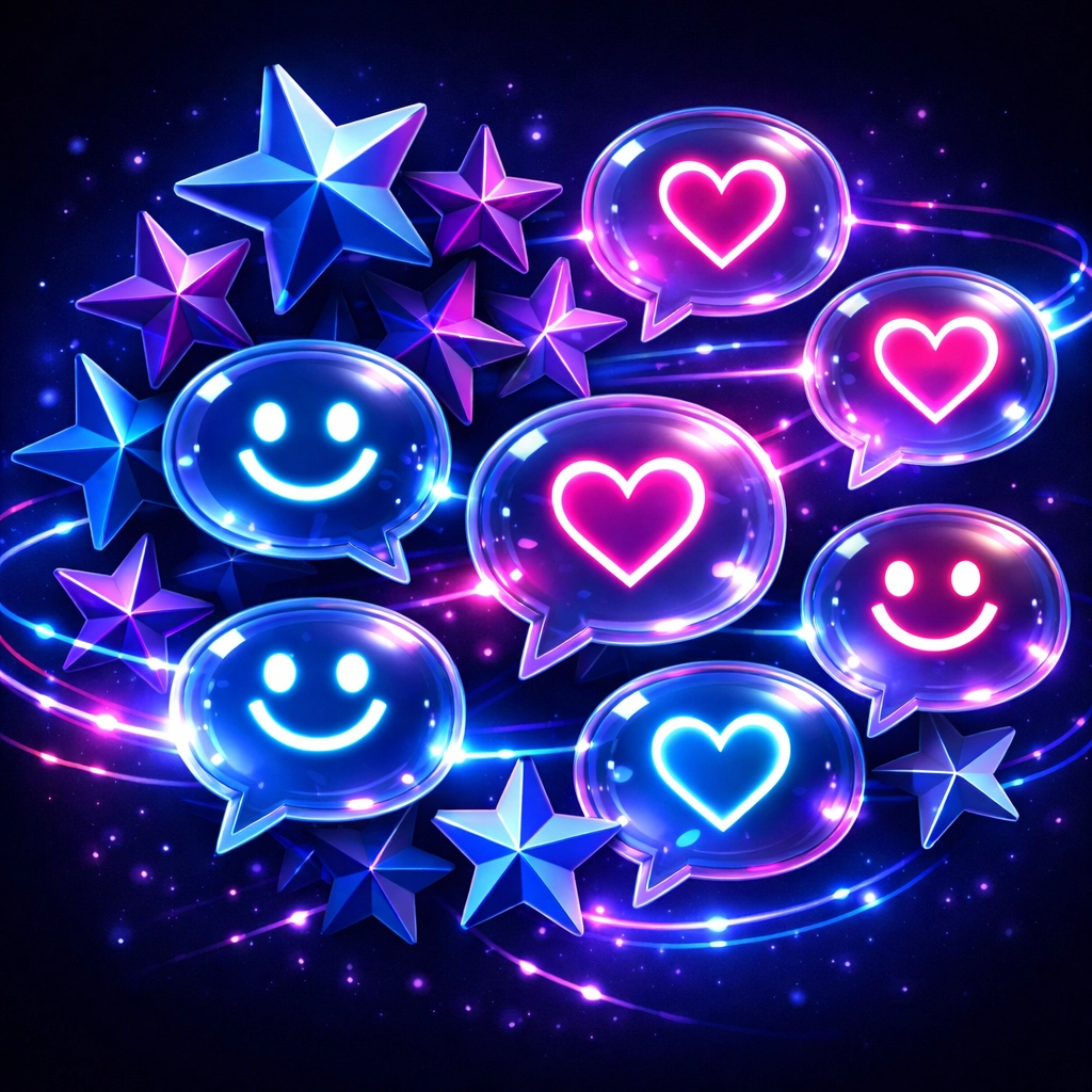 Glowing five-star reviews and speech bubbles representing active customer engagement on a Google Business Profile.