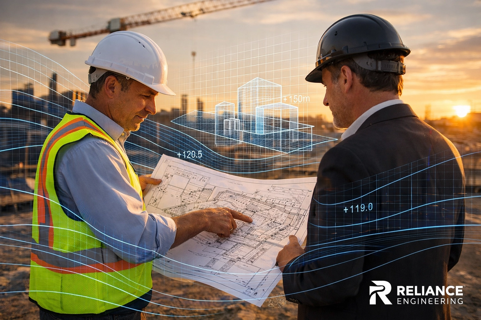Civil engineer and developer reviewing site plan blueprints on an Ontario land development construction site.