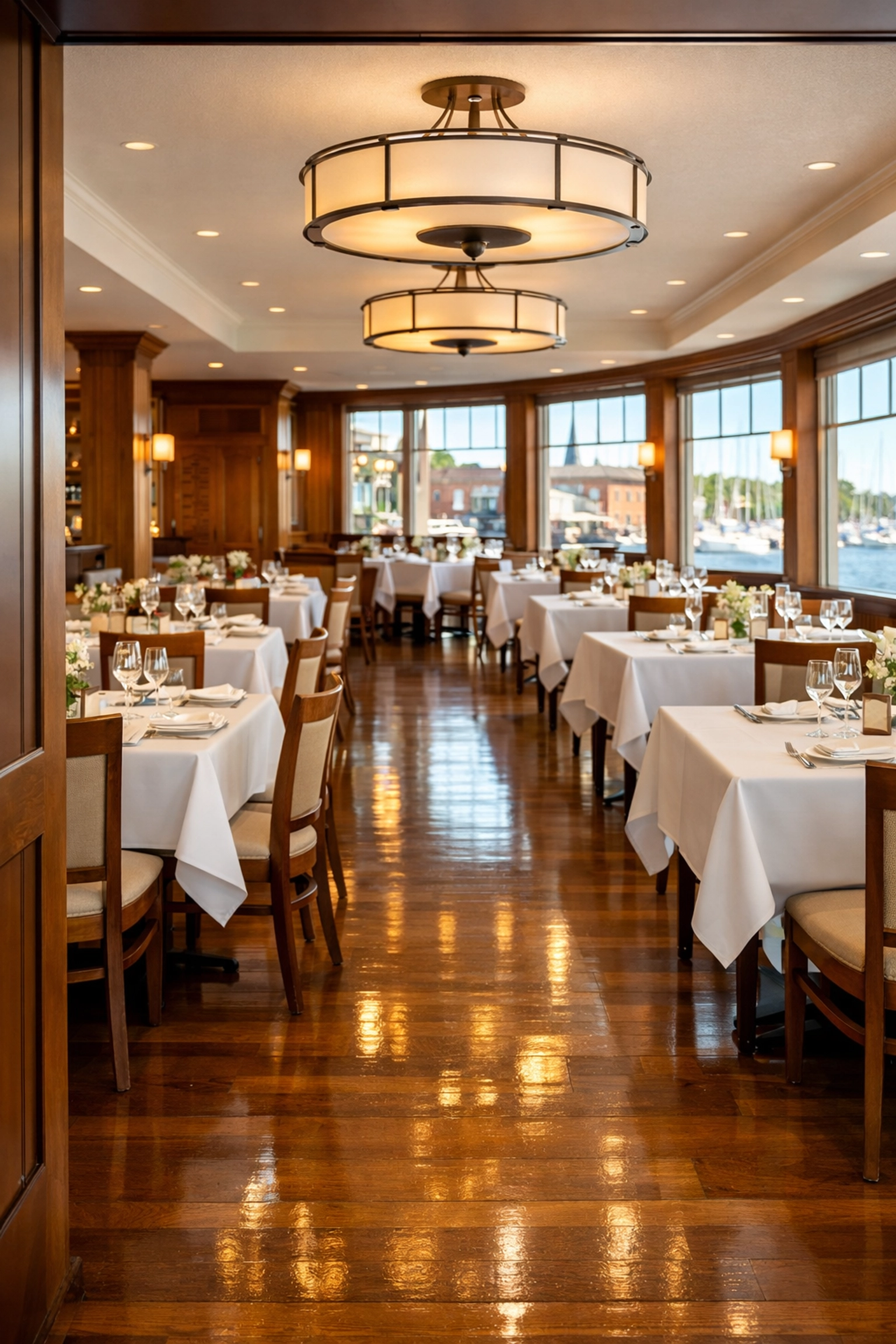 Spotless restaurant dining room in Annapolis ready for Restaurant Week with polished floors and clean tables