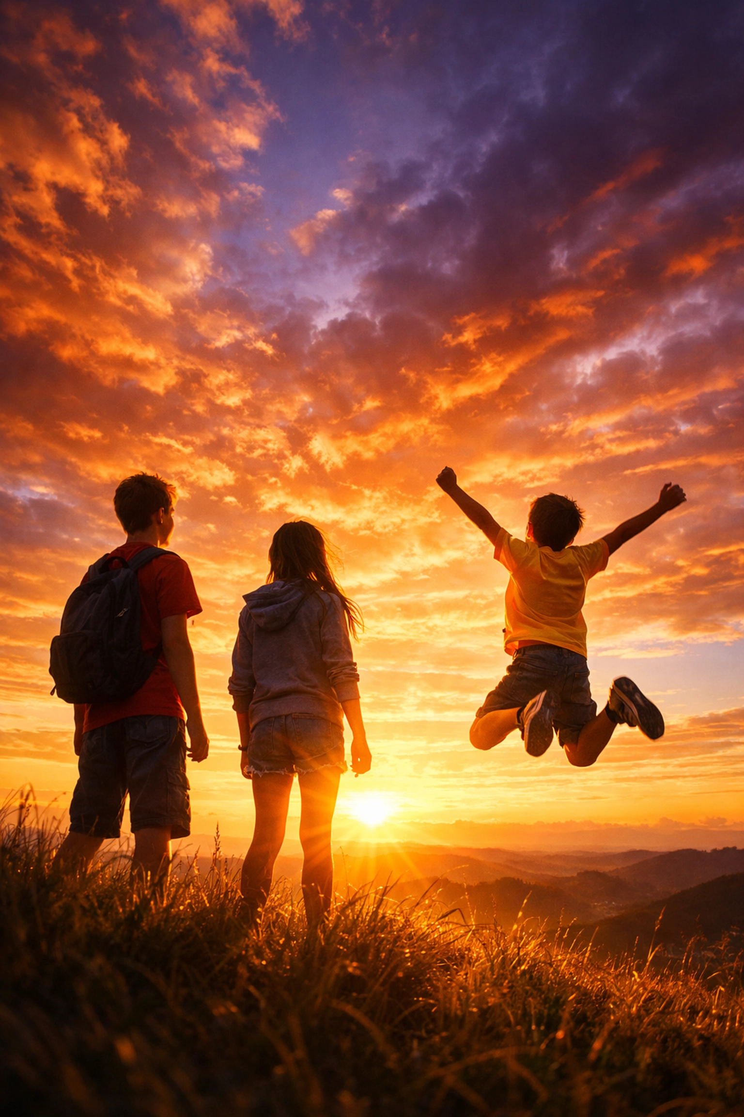 Diverse children on a hilltop at sunrise symbolizing the bright future and potential of neurodiverse minds.