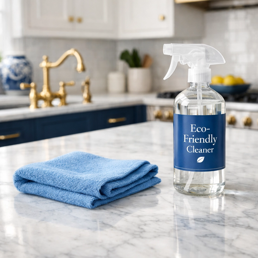 Eco-friendly cleaning products on a polished Carrera marble countertop in a luxury Brookline kitchen.