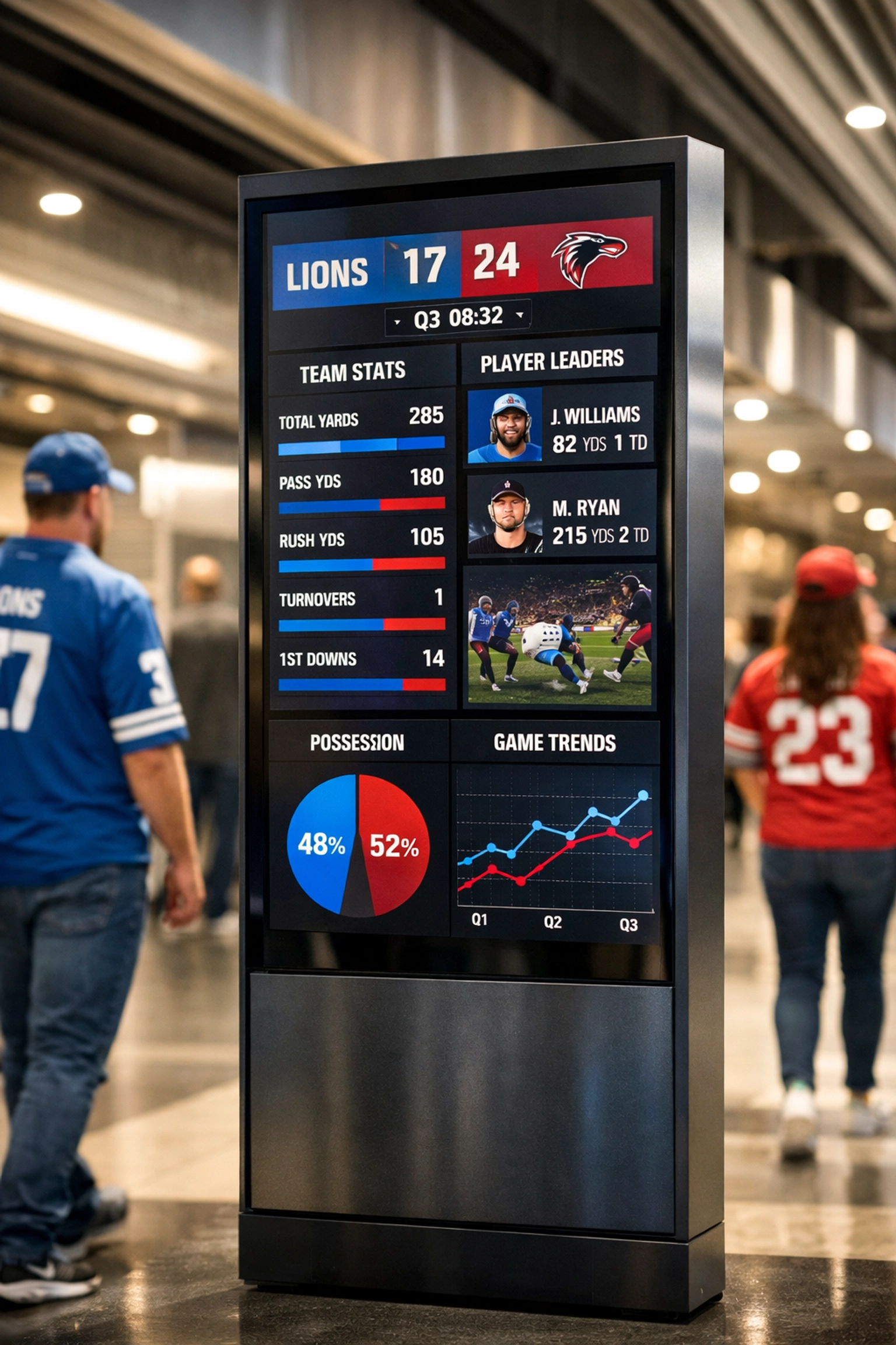 A sleek digital kiosk inside a stadium concourse displaying real-time game statistics and sports marketing data.
