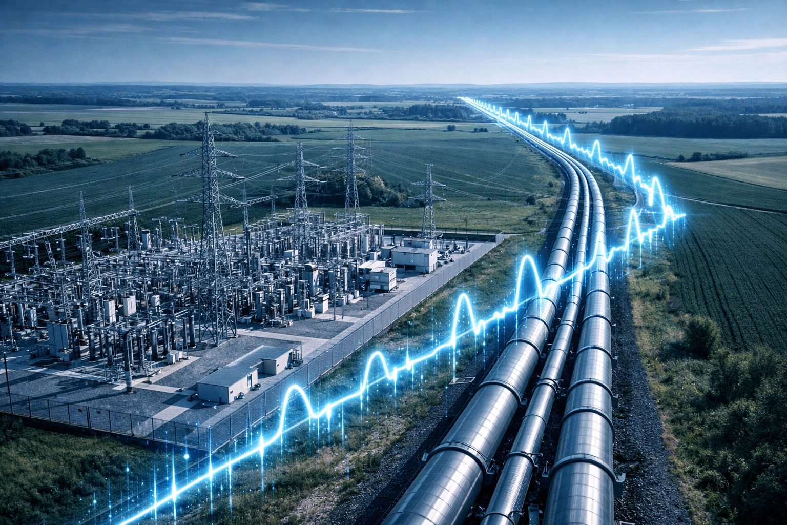 Aerial view of infrastructure solutions including power substations and SCADA-enabled pipelines.