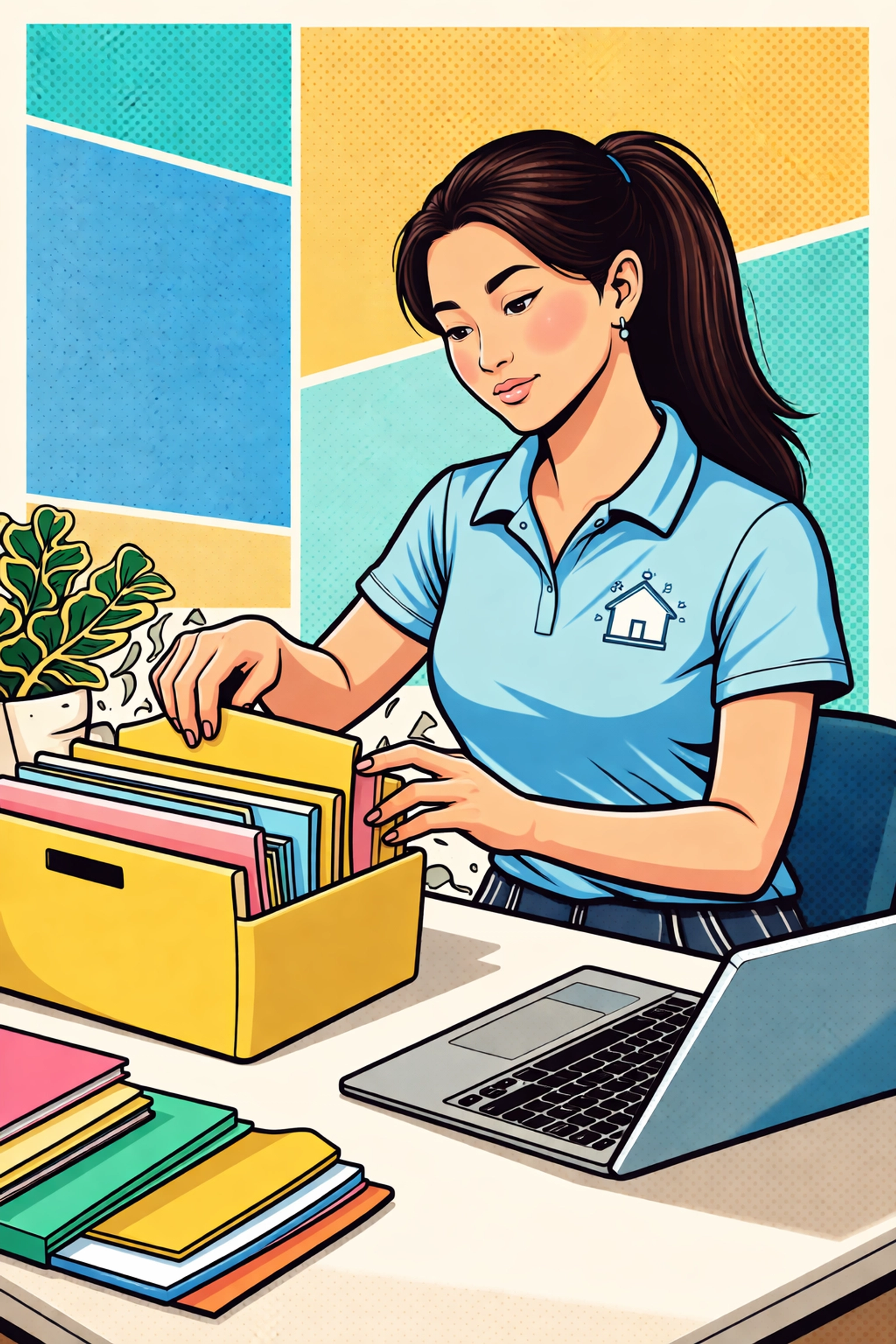 Pop art image of a cleaning business owner organizing files and laptop, illustrating AI marketing preparation.